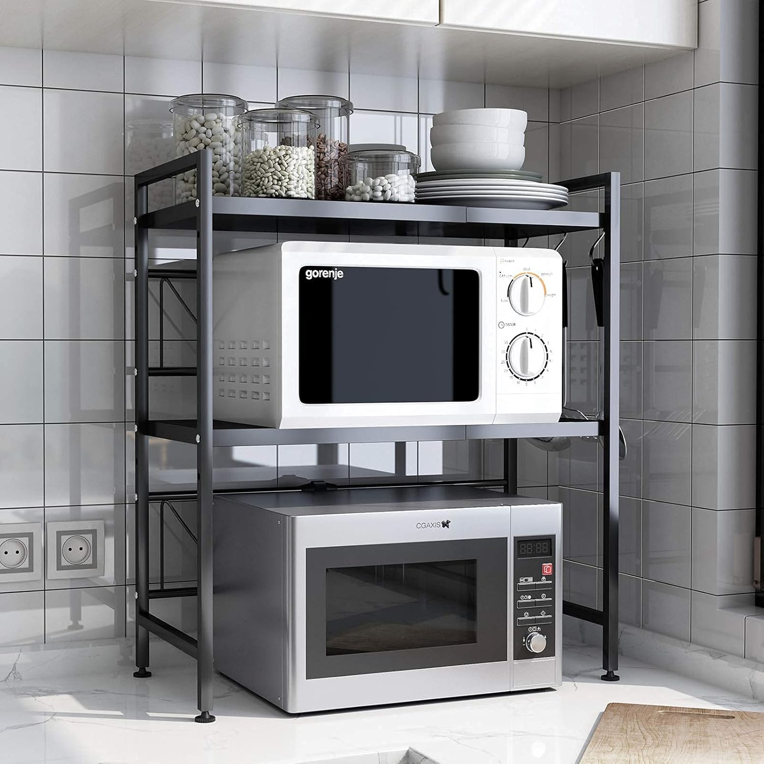 DAWNYIELD 3 Tier Extendable Microwave Oven Rack Shelf with 3 Hanging Hooks Microwave Stand with Storage for Kitchen Counter Organiser Printer Stand (Black)