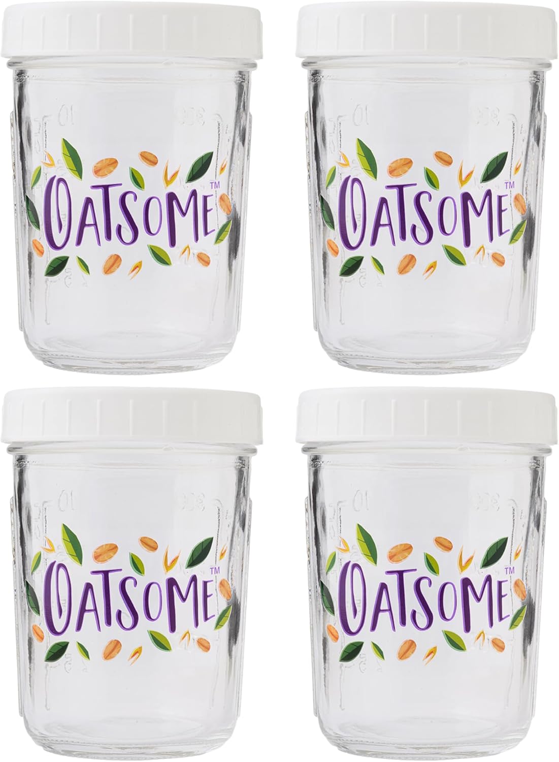 Oatsome 4-Pack 12 oz Overnight Oats Containers with Lids, Glass Storage Containers with Lids, Wide Mouth Mason Jars for Food Storage, Oatmeal, Snacks, Cereal, Yogurt, Sugar