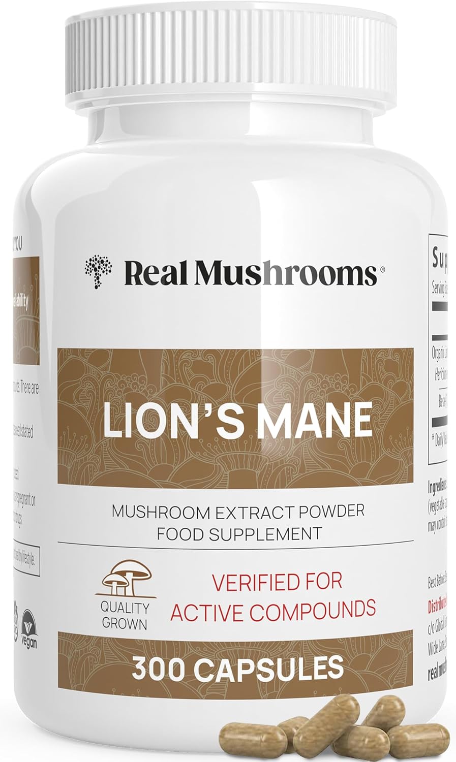 Real Mushrooms Lion’s Mane Capsules - Organic Lions Mane Mushroom Extract for Cognitive Function & Immune Support - Brain Supplements for Memory and Focus - Vegan Mushroom Supplement, 300 Caps