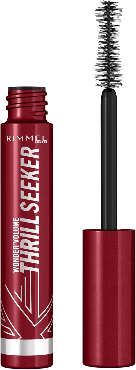 Rimmel London Thrillseeker Black Mascara, Bold Volume, Lengthening, Weightless Definition, Clump-Free, Smudge Proof, All Day Wear, Creamy Whipped Formula, Hourglass Shaped Brush Grabs Every Lash