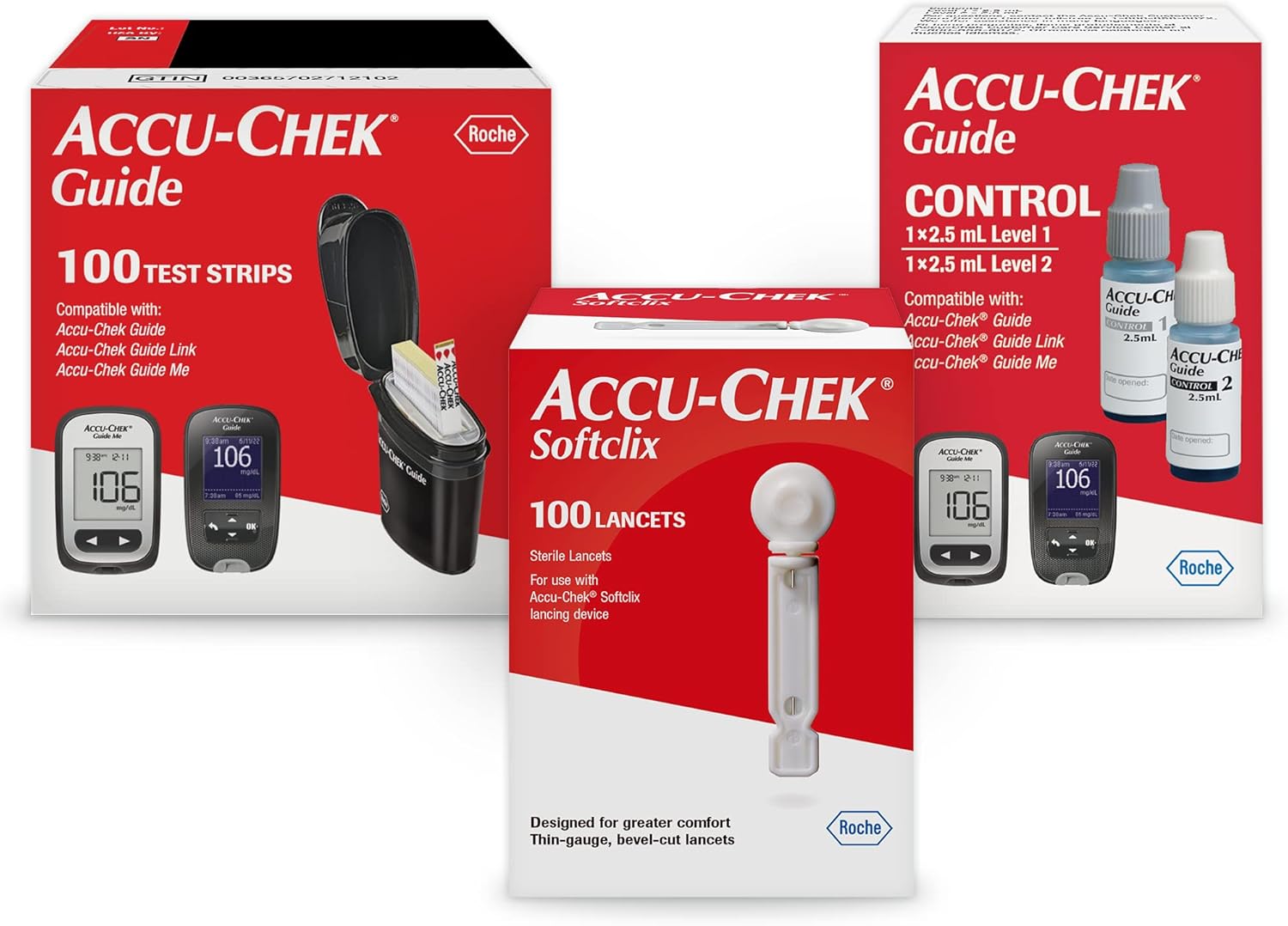 Accu-Chek Softclix Diabetes Blood Sugar Test Kit for Diabetic Glucose Monitoring: 100 Softclix Lancets, 100 Guide Test Strips, and Control Solution (Packaging May Vary)