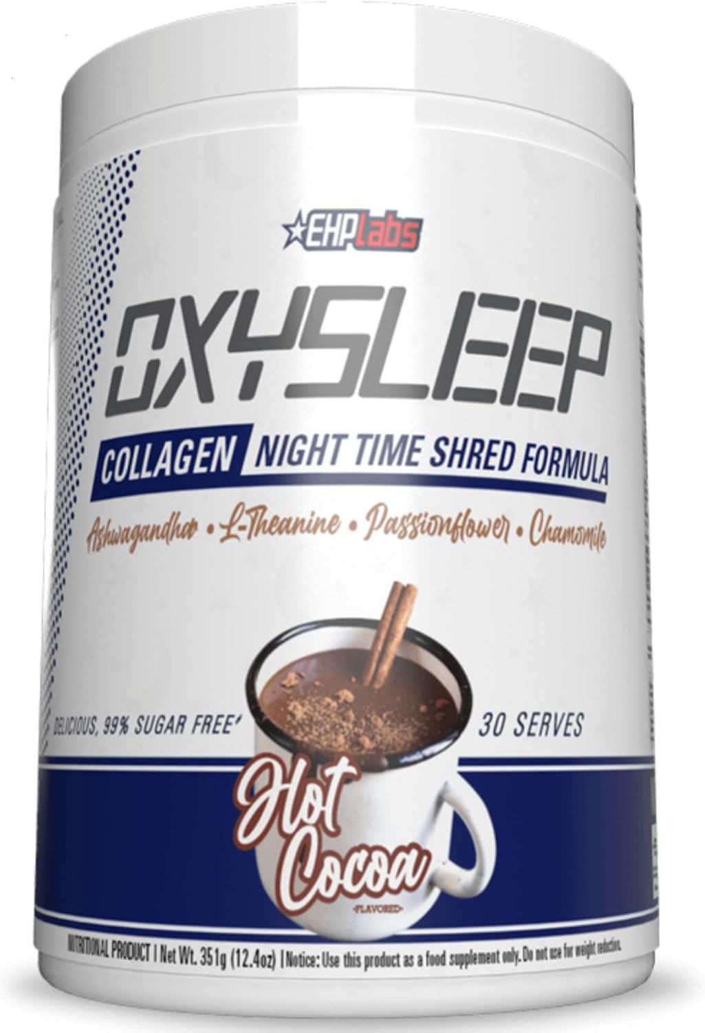 EHP Labs OxySleep Collagen Peptides Powder Night Time Shred - Promotes Deep Sleep & Shredding, Skin, Bones & Muscle Support, Pasture-Raised Bovine Collagen, Type I & III, 30 Servings (Hot Cocoa)