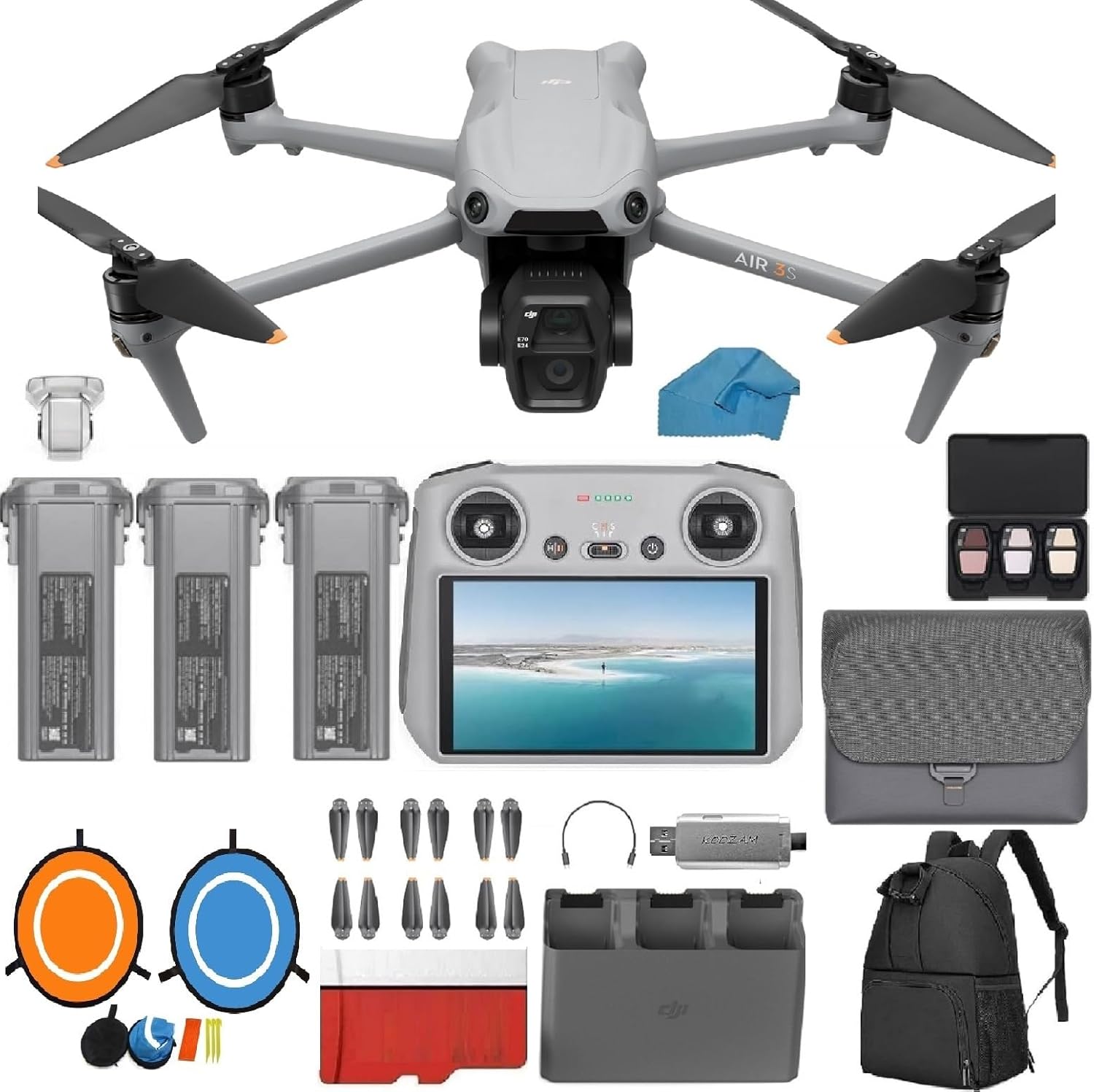DJI Air 3S Drone Fly More Combo with DJI RC 2 Screen Remote Drone with 4K HDR, 46-Min Max Flight Time, 48MP Bundle with 128 GB Micro SD Card, 3.0 USB Card Reader, Landing Pad, Waterproof Backpack and More