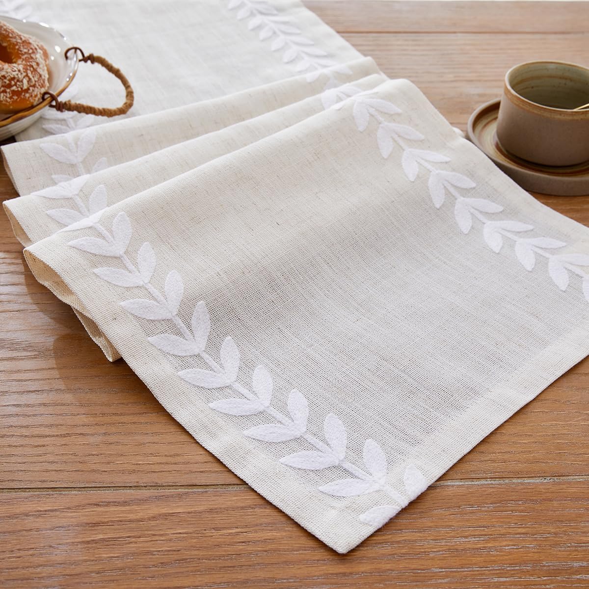 Wracra Embroidered Table Runner Irregular Willow Leaf Table Runners 72 Inches Long for Dresser Home Dining Table Decor,14 x 72 Inch, White