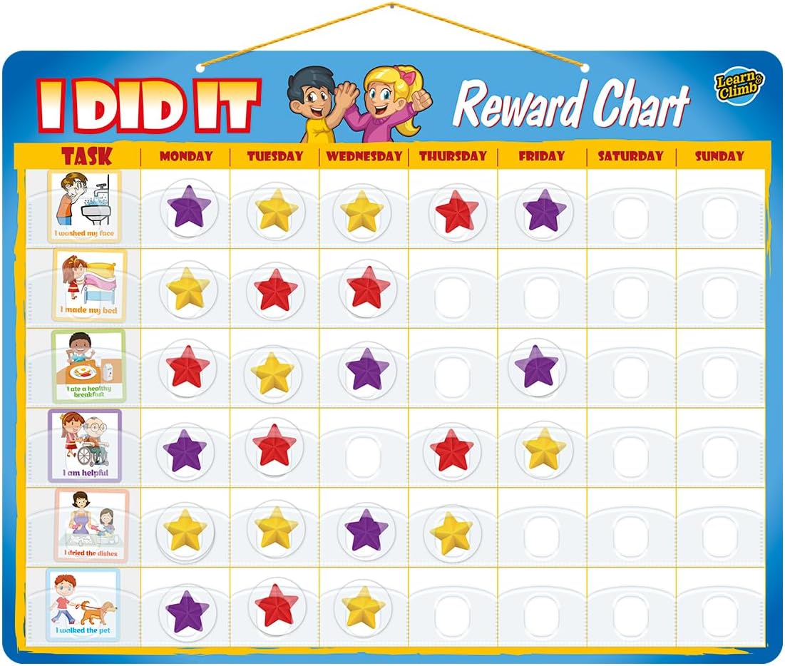 Kids Responsibility Chart Board with Magnets, 63 Chores, Potty Train Tasks, Multiple Children (Pocket)