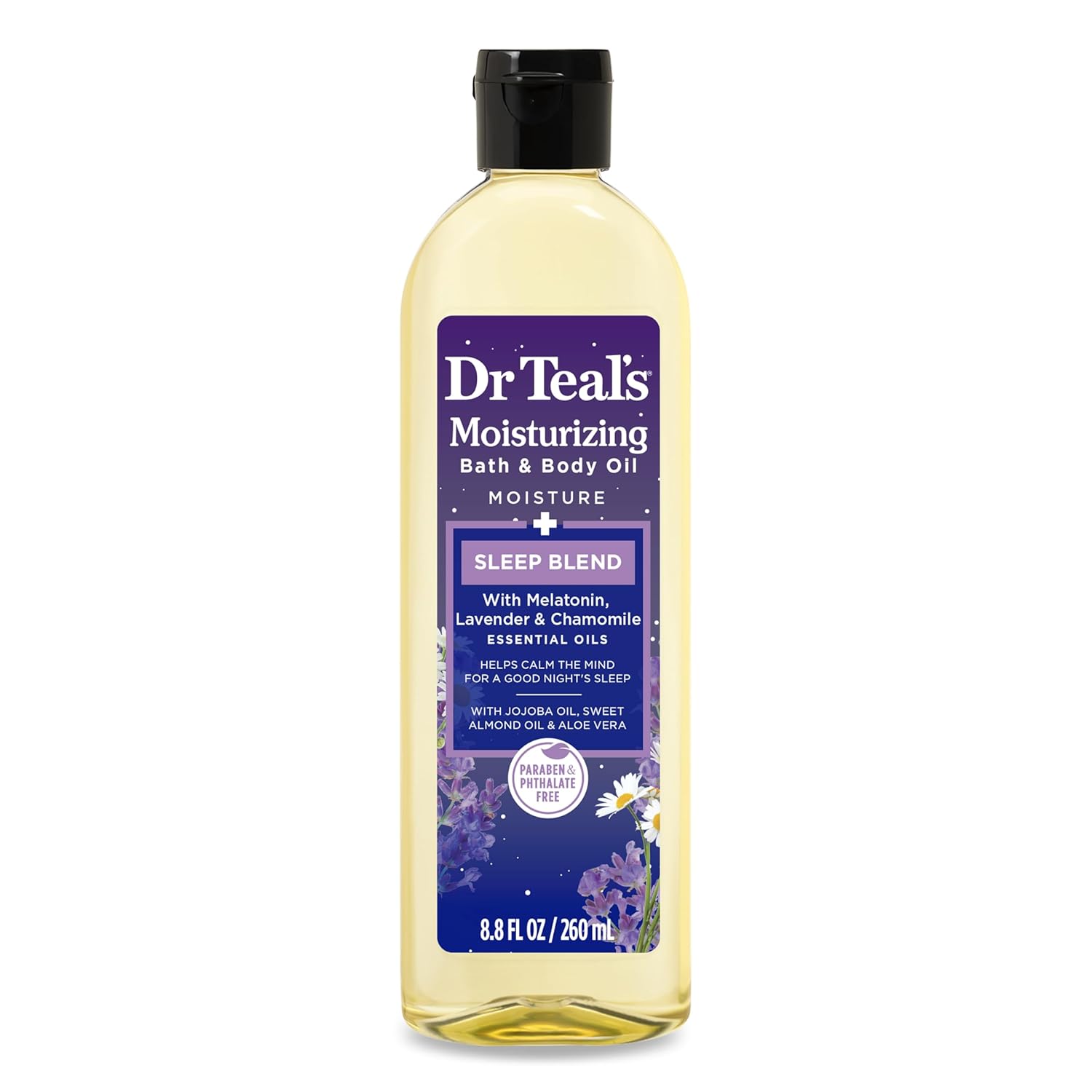 Dr Teal's Moisturizing Bath & Body Oil, Sleep Blend with Melatonin, Lavender & Chamomile Essential Oils, 8.8 fl oz.