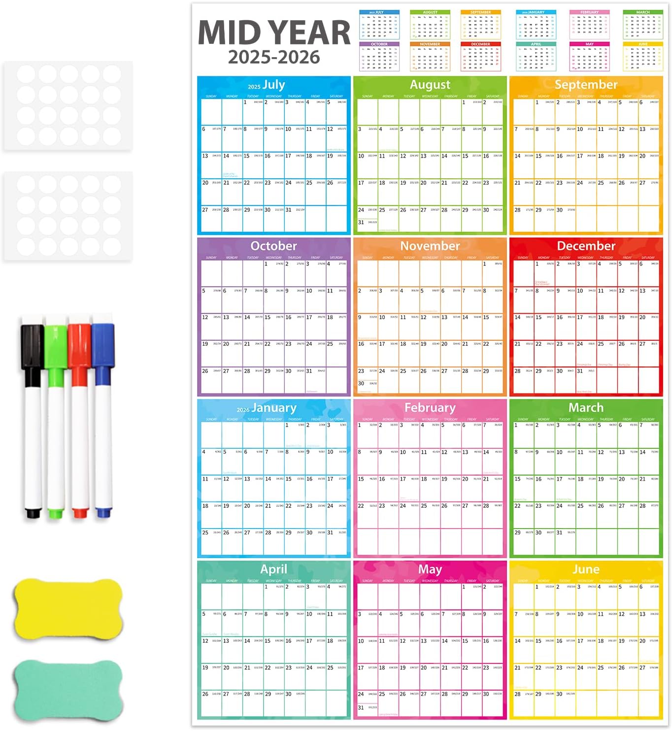 FindFunFine Large Wall Planner Calendar Planner Mid 2025-2027 Year Office, University, School, Academic Calendar,24 Monthly Wall With Folded Portrait design
