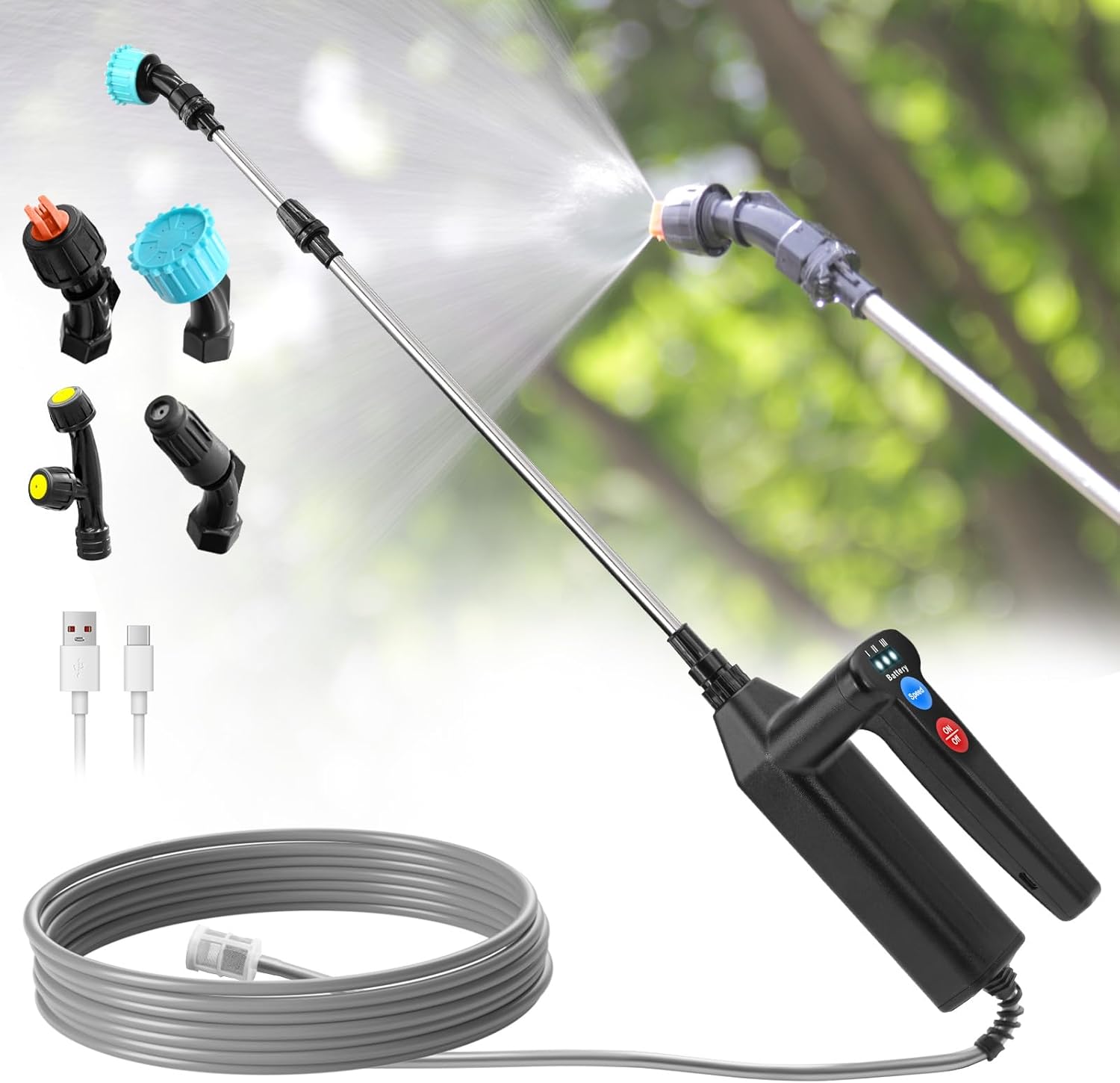 SYLSTAR Battery Powered Sprayer 8M Hose, 26.2inch Electric Weed Sprayer Wand, 3 Adjustable Spraying Force & Battery Indicator, 4 Nozzles, 7.4V Rechargeable Garden Lawn Plant Spray Handle