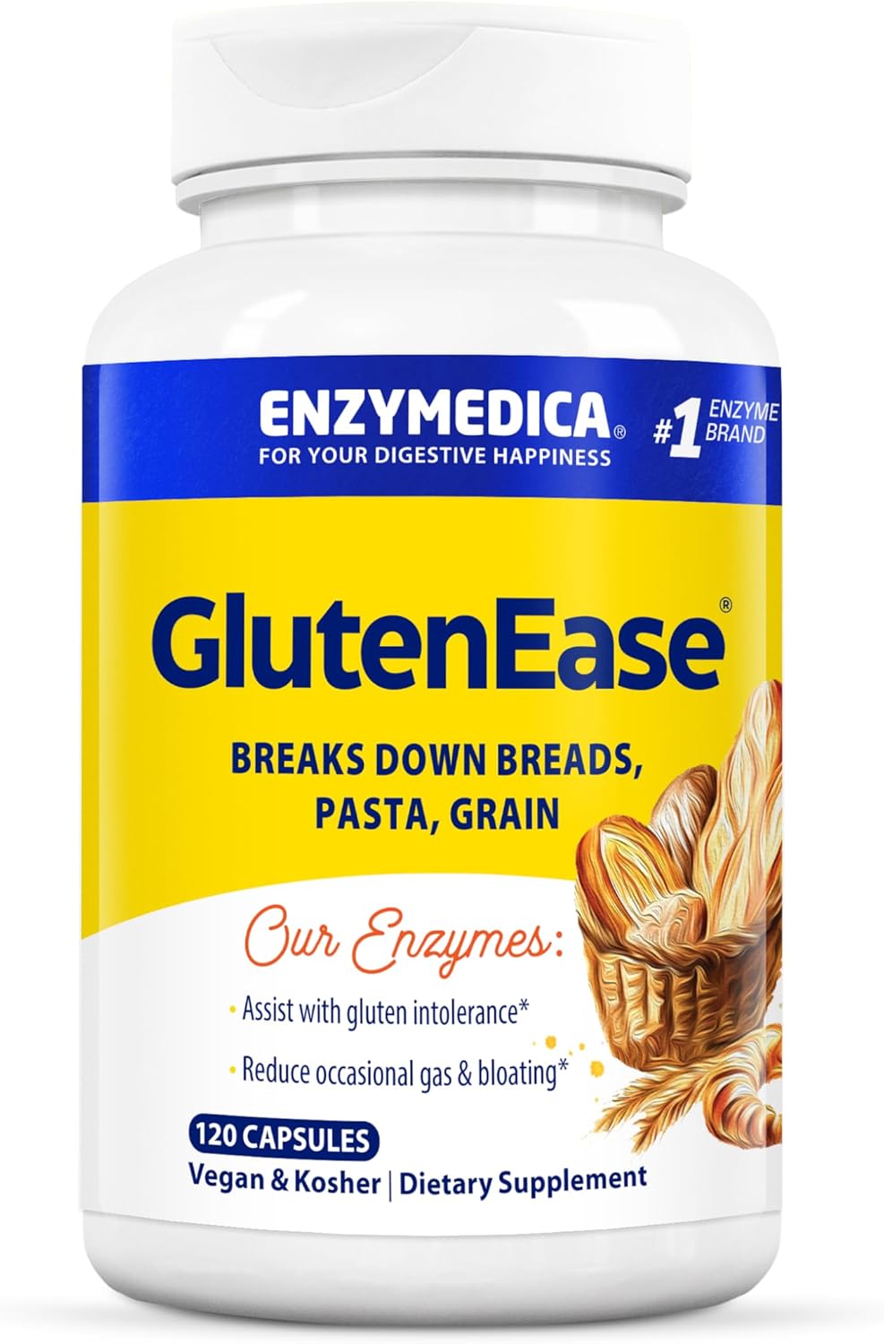 Enzymedica GlutenEase, Digestive Enzymes for Food Intolerance, Support for Hidden Gluten & Cross-Contamination, Offers Fast Acting Gas & Bloating Relief, 120 Count (FFP)