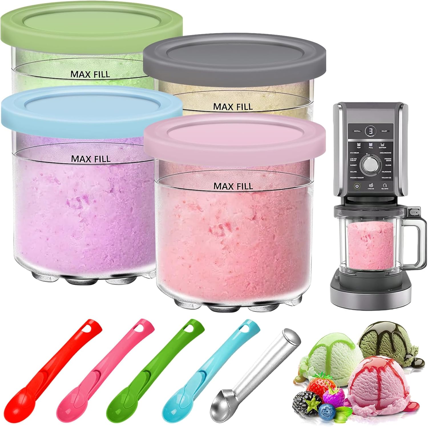 4 Pcs Ice Cream Tubs for Ninja NC299 NC300 NC301 Series, 16oz Ice Cream Containers with Lids, Ice Creams Pints with 5 Scoop Ice Cream Pint Containers for Ninja BPA-Free, for Ninja Creami Accessories