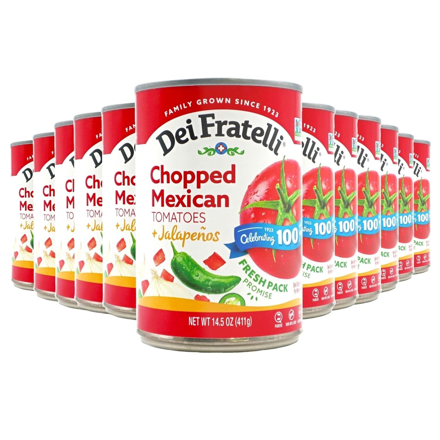 Dei Fratelli Chopped Mexican Tomatoes with Jalapenos (14.5 oz. Cans, 12 pack) - Vine-Ripened – Non GMO, Gluten-Free
