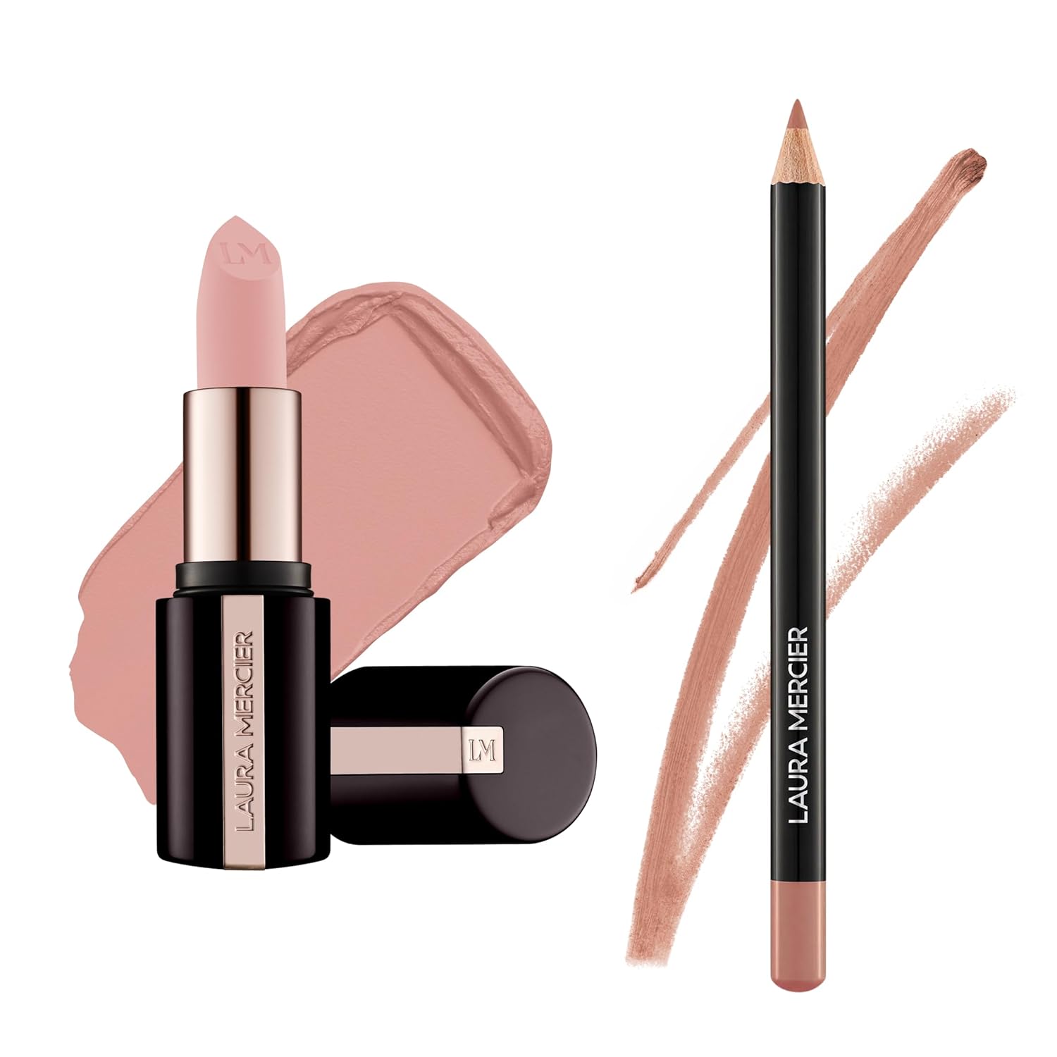 Laura Mercier Caviar Smoothing Matte Lipstick Shade 136 Chantilly Lace - Pale muted peach beige, 16HR Hydrating Comfortable Wear and Caviar Perfecting Lip Liner 01 Delicate Nude, 16HR Longwear Bundle