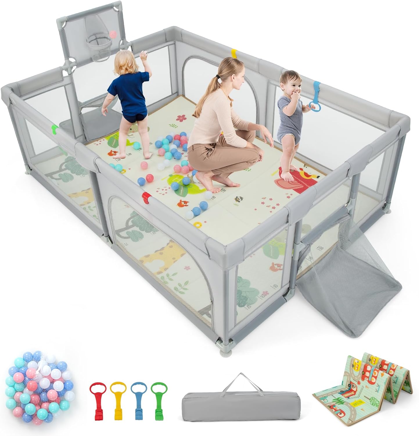 COSTWAY Baby Playpen, Toddler Mesh Play Pen with Mat, Pull Rings, Basketball Hoop, Football Nets, Ocean Balls, Indoor Outdoor Safety Playard for Babies and Toddlers (Light Gray, 207 x 142cm)