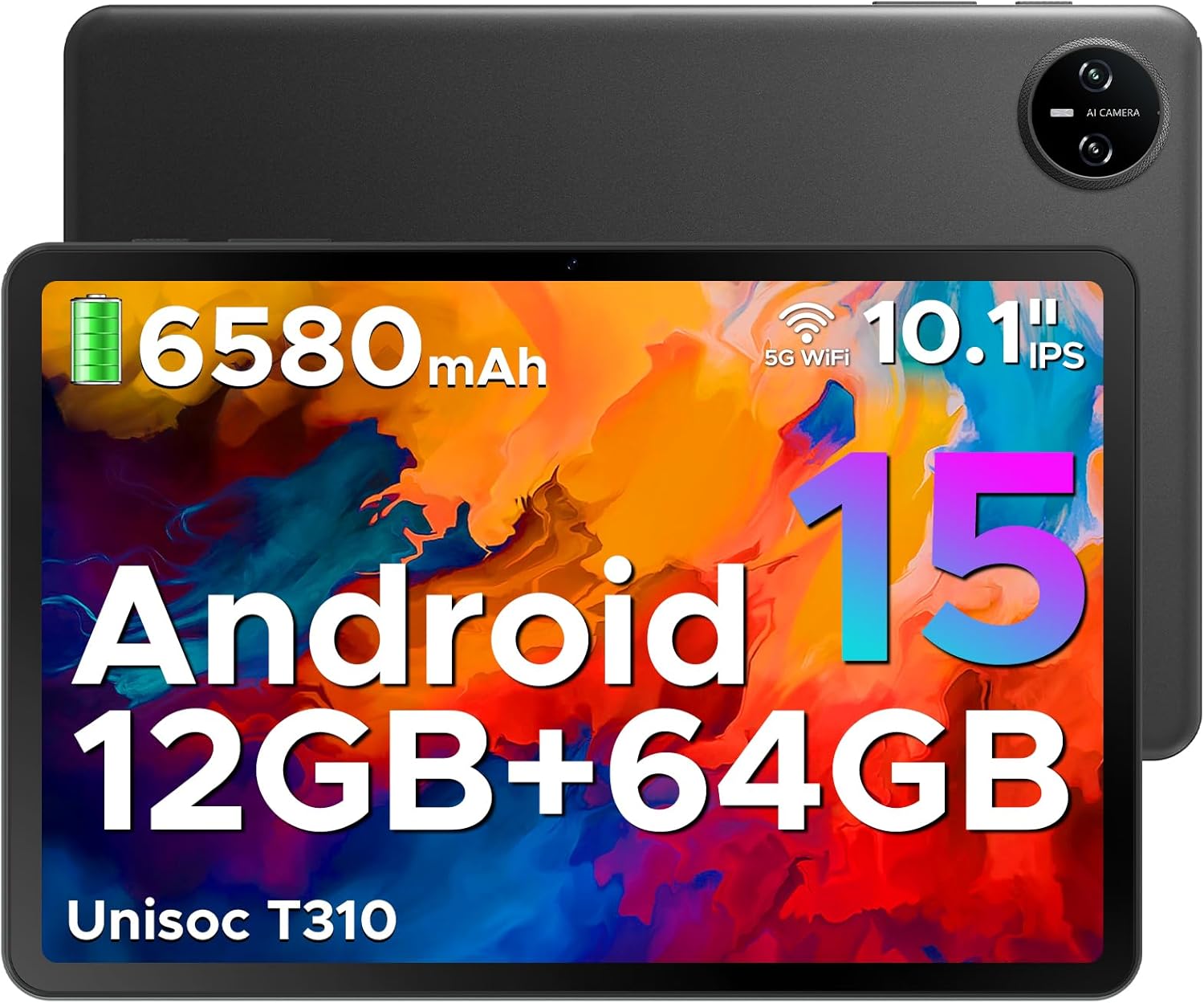 DOOGEE Tab A9 Android 15 Tablet 10 Inch(2025), Unisoc T310 Android Tablets 12GB RAM 64GB ROM(TF 2TB), 6580 mAh Battery, 5G WiFi|Dual Speaker|8MP AI Camera|Type-C|GMS|Bluetooth|Face ID|3.5mm Jack-Black