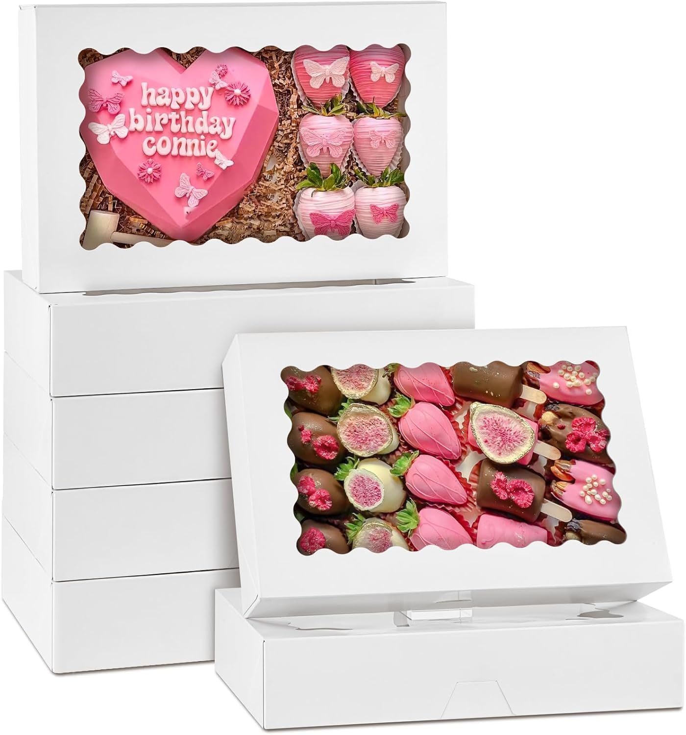 Sivaopa,6-Pack Bakery Boxes with Window, 12" x 8" x 2.5", Large White Cookie Box, Treat Boxes for Donuts Chocolate Covered Strawberries Pastries (White)
