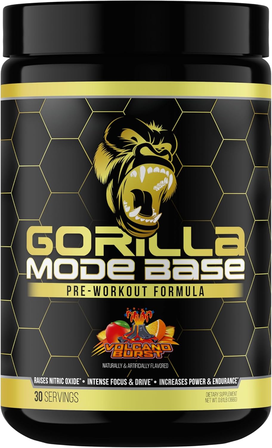 Gorilla Mind Base Pre Workout - Raises Nitric Oxide Intense Focus & Drive Endurance Power - L-Citrulline, L-Tyrosine, Betaine, Alpha-GPC, Caffeine, Huperzine A - 360 Grams (Volcano Burst)
