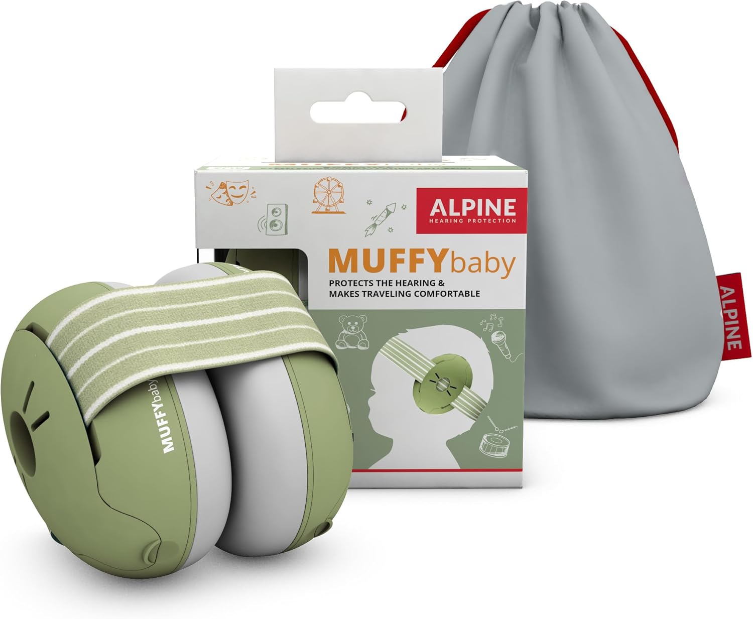 Alpine Muffy Baby Ear Defender for Babies and Toddlers up to 36 Months - CE & UKCA Certified - Noise Reduction Earmuffs - Comfortable Baby Headphones Against Hearing Damage & Improves Sleep - Green