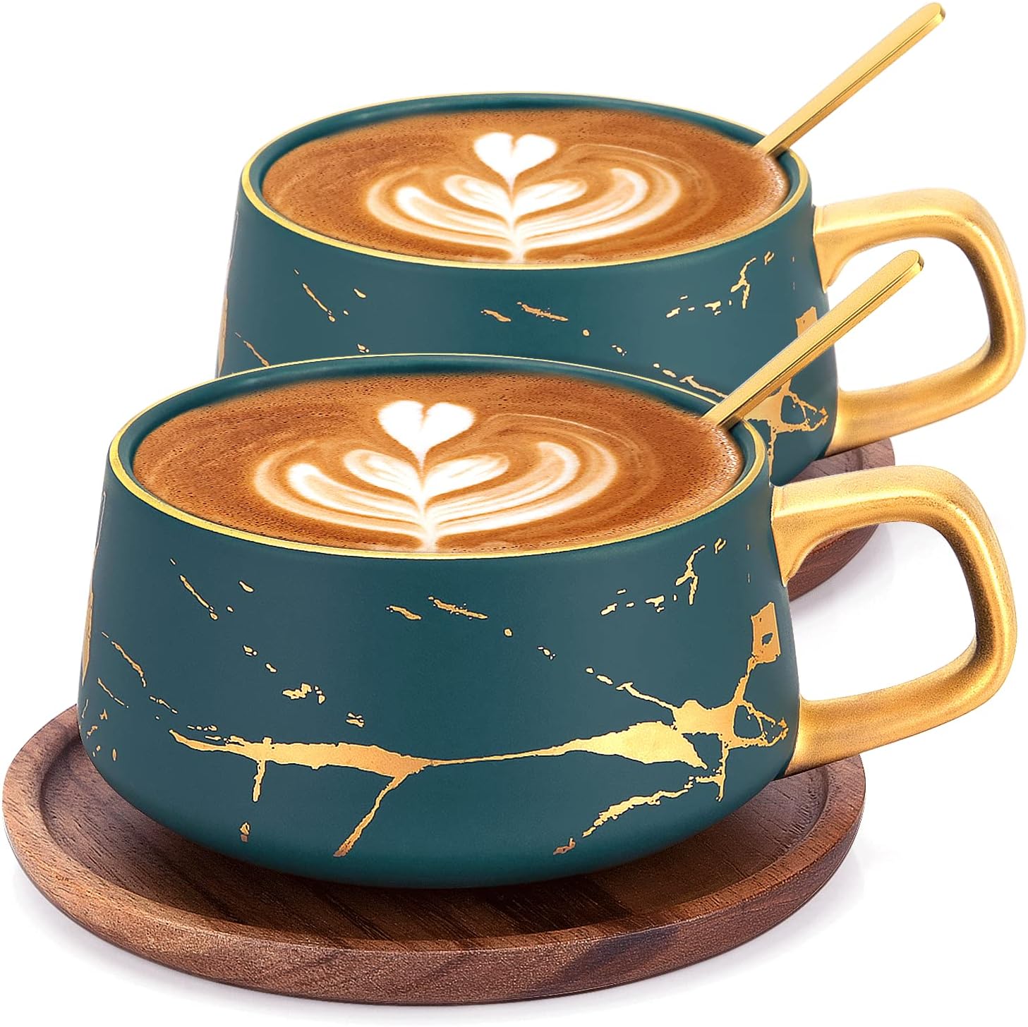 TELANKS 2 Pcs Tea Cup and Saucer Sets, Porcelain Espresso Coffee Mugs with Saucer and Spoon, Ceramic Mugs for Home and Restaurants, Valentines Mothers Birthday Christmas Gifts for Women Men Friend
