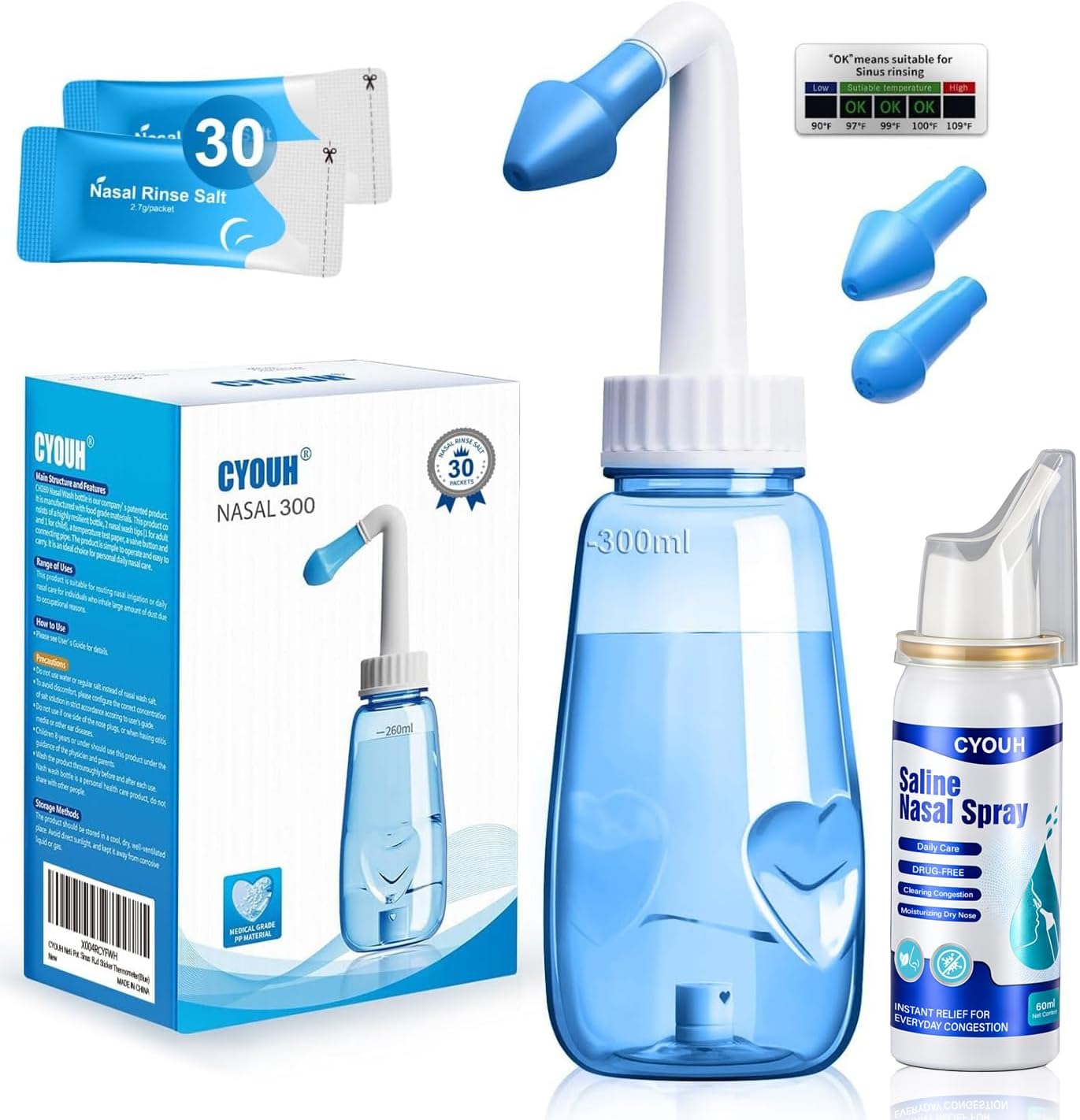 Neti Pot Sinus Rinse Bottle 300 ML with 60ml Nasal Spray and 30 Nasal Wash Salt Packets and Sticker Thermometer Nose Wash Cleaner Pressure Rinse Nasal Irrigation for Adult & Kid BPA Free