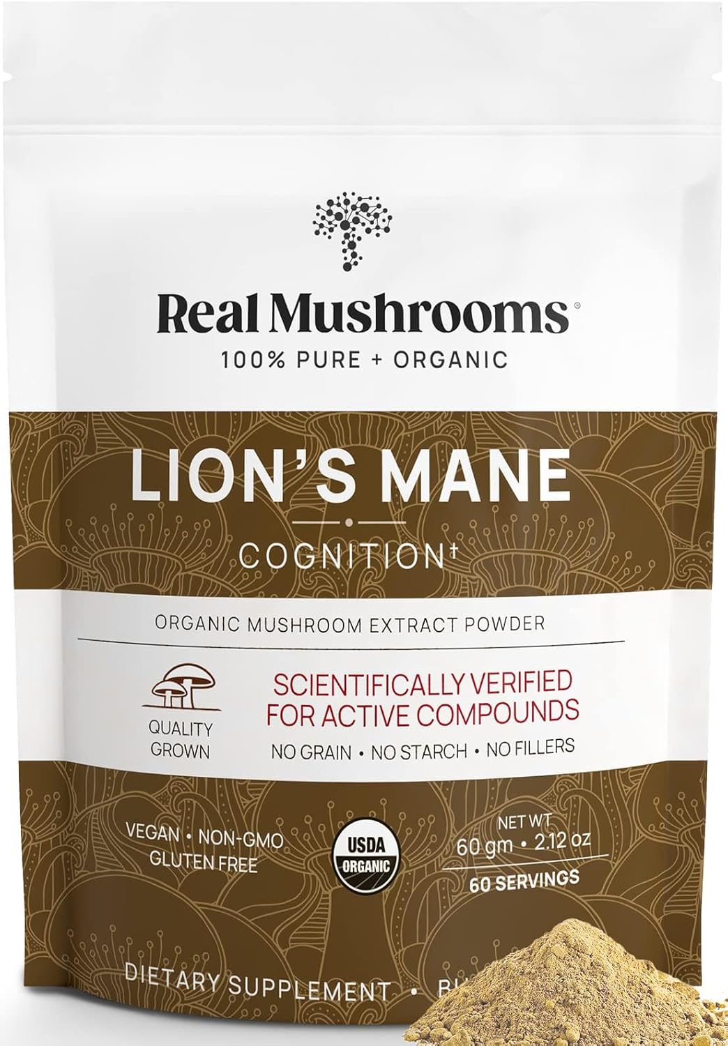 Real Mushrooms Lions Mane Powder - Organic Mushroom Extract for Cognitive Function Immune Support Brain Supplements Memory and Focus Vegan Supplement, 60 Servings