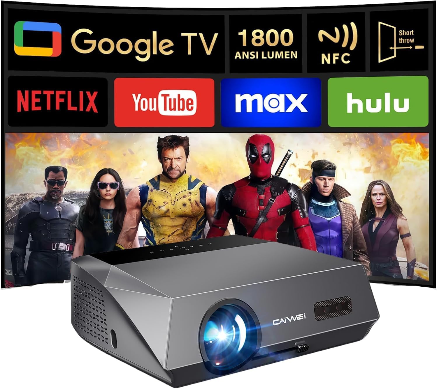 【Google TV Projector 4K】1800 ANSI Ultra HD Smart Daylight Projector with Netflix Officially ToF CMOS Auto Focus, 1.2 Short Throw, Dolby, Bluetooth WiFi6 for Home Theater, Outdoor Movie Games Office