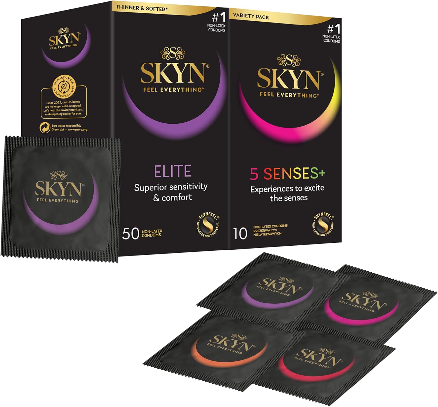 SKYN Elite Condoms Pack of 50 & 5 Senses Pack of 10 / Skynfeel Latex Free Condoms for Men, Ultra-Thin & Soft Condoms, Raised Dots, Cocktail Flavoured, Warming, Cooling