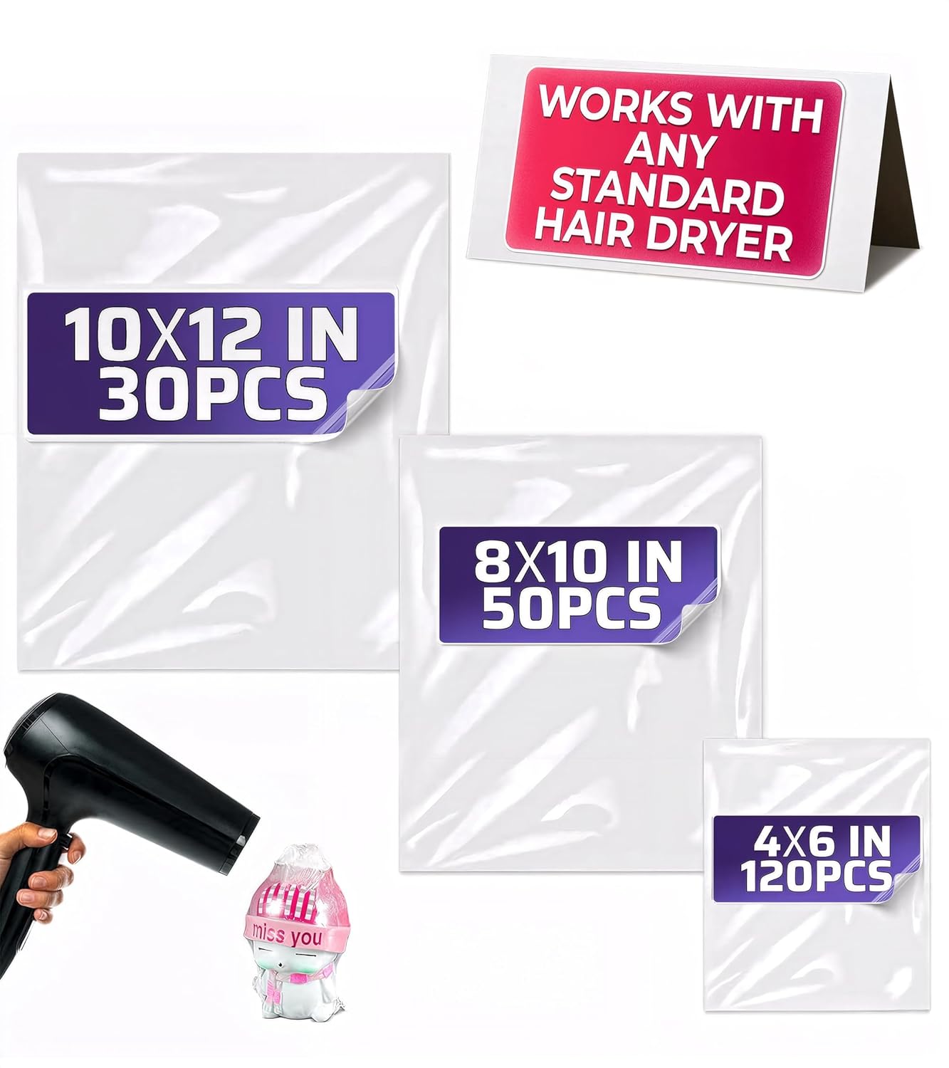 200Pcs Heat Shrink Wrap Bags – 3 Sizes 4x6" (120) 8x10" (50) 10x12" (30) Clear PVC Plastic – Compatible with Any Heat Gun or Hair Dryer at Medium Temperature – Great for Wrapping DIY Crafts and Gifts