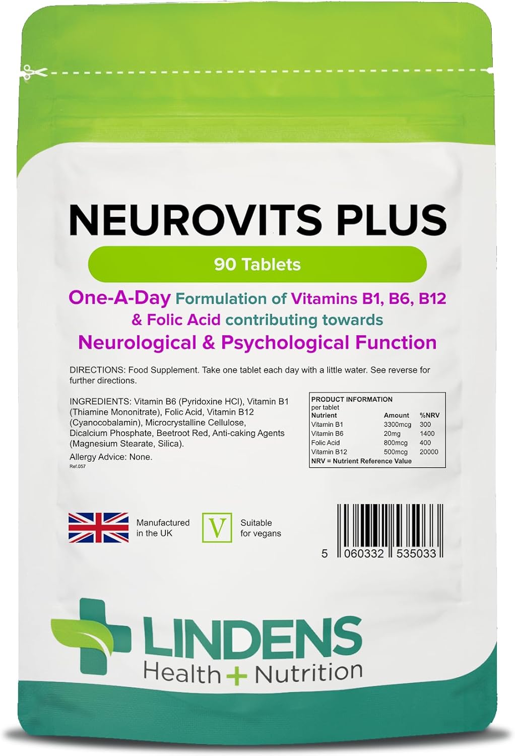 Lindens - Neurovits Plus Tablets, 90 Pack - One A Day - UK Made, Psychological & Nervous Function, Tiredness & Fatigue - Vitamin B1, B6, B12 & Folic Acid - Letterbox Friendly - Vegan