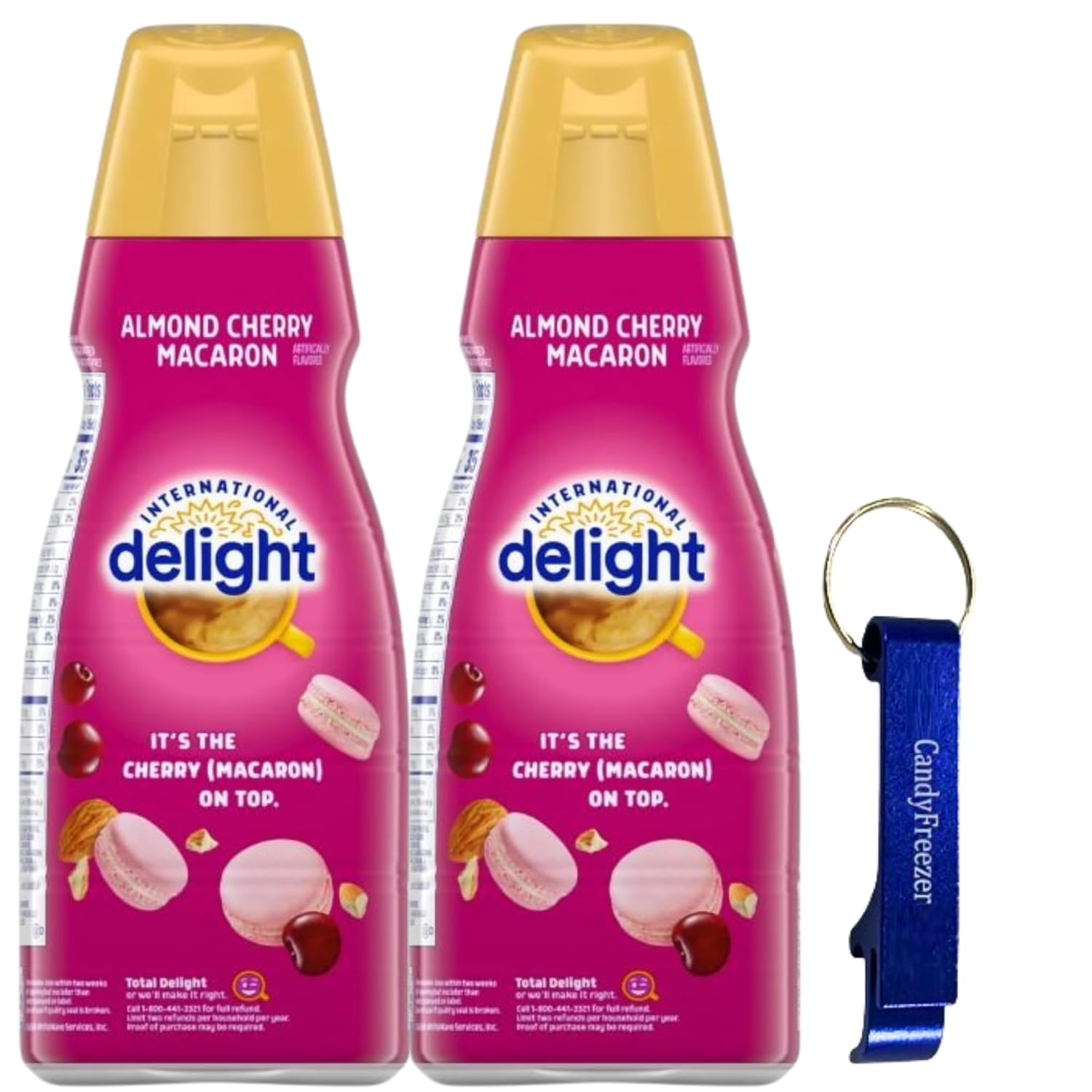 International-Delight Liquid Coffee Creamer.- Pack of Two (2) 32 fl oz Bottles of Smooth & Creamy Delightful Coffee Creamer and Candy Freezer Bottle Opener Keychain (Almond Cherry Macaron) - Keychain