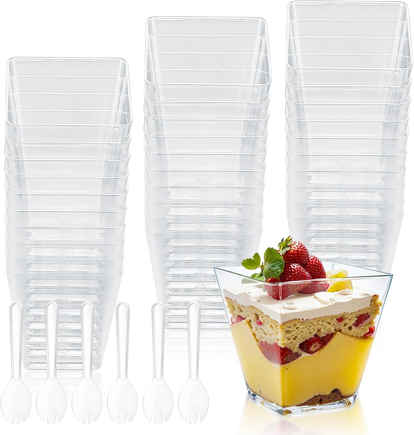 Yibaijia 50 Pcs Dessert Cups, Dessert Bowls, Reusable Plastic Square Cheesecake Pots, 120 ml/4.05 oz Clear Appetizers Serving Bowl for Dessert Pudding Trifles Party, with 50 x Spoon