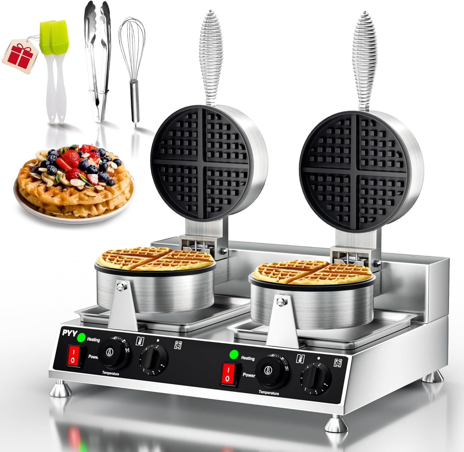PYY Commercial Waffle Maker - Double Waffle Maker 2500W Large Stainless Steel，Silver Non-stick Electric Chaffle Maker for Restaurants, Waffle Houses, and Carnival Events