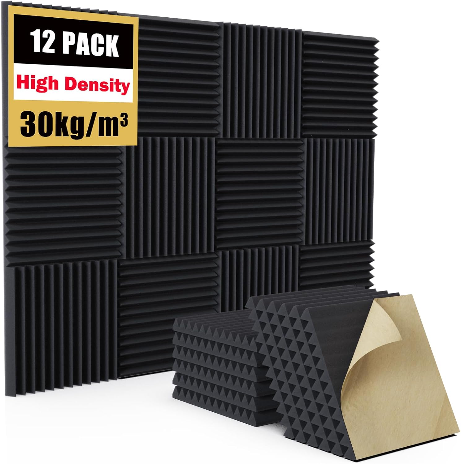 Jancane 12 pack Self-Adhesive Acoustic Foam Panels, 1" X 12" X 12" Sound Proofing Panels, Acoustic Wall Panels for Home Recording Studio Acoustical Treatments