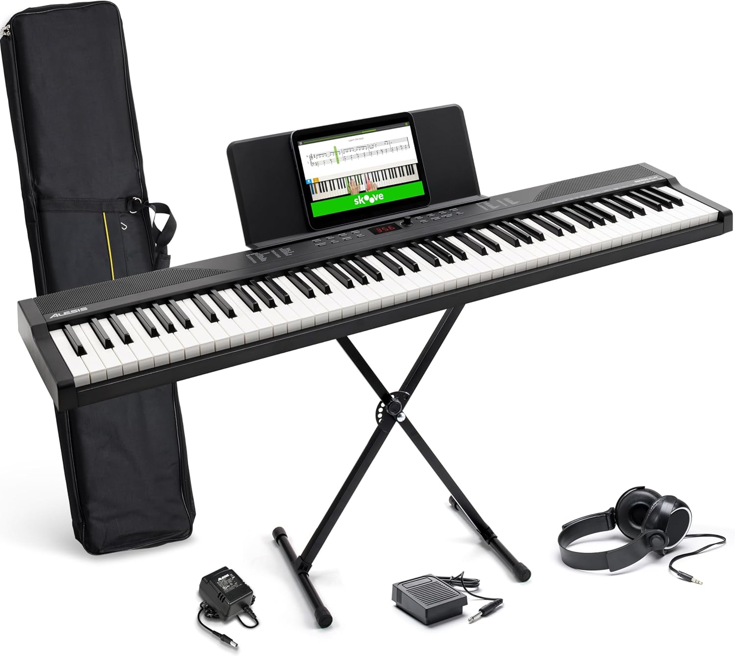Alesis 88 Key Keyboard Piano with 480 Sounds, Speakers, USB MIDI, Carry-Bag, Stand, Headphones, Pedal and Piano Lessons for Beginners
