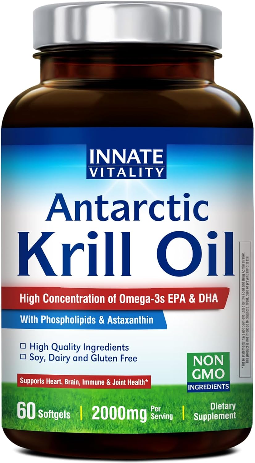 Innate Vitality Antarctic Krill Oil 2000mg 60 Softgels, Omega 3s, DHA, EPA & Astaxanthin, Phospholipids, Brain, Concentration, Heart, Bone, Immune Health, Superior Absorption vs Fish Oil, No Fish Burp