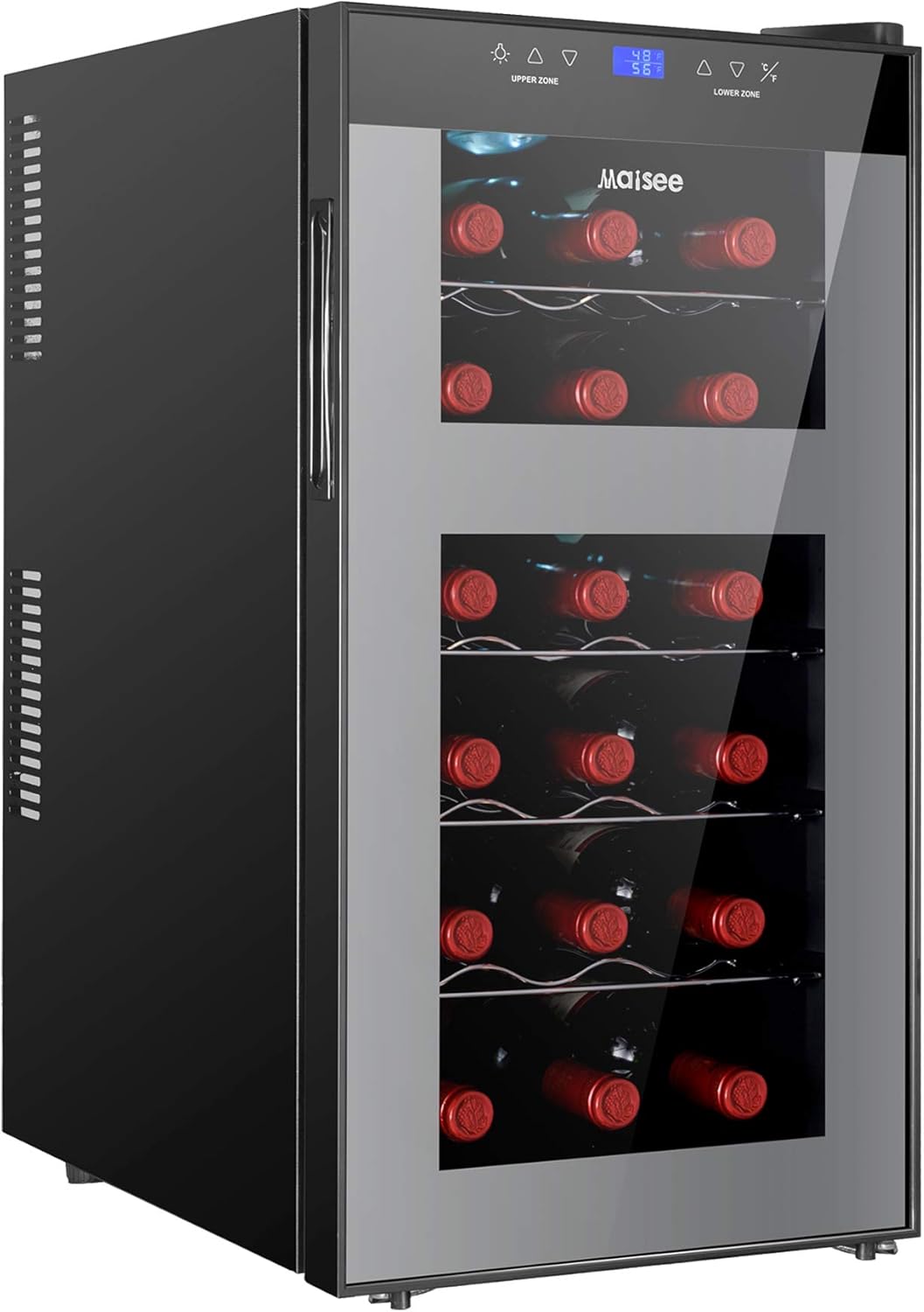 Wine Fridge Dual Zone,18 Bottles Wine Cooler Refrigerator Chiller Upper Zone 46f-54f Lower Zone 54f-65f for Red White Wine Champagne in Home Office Bedroom Countertop (18 Bottles,Black