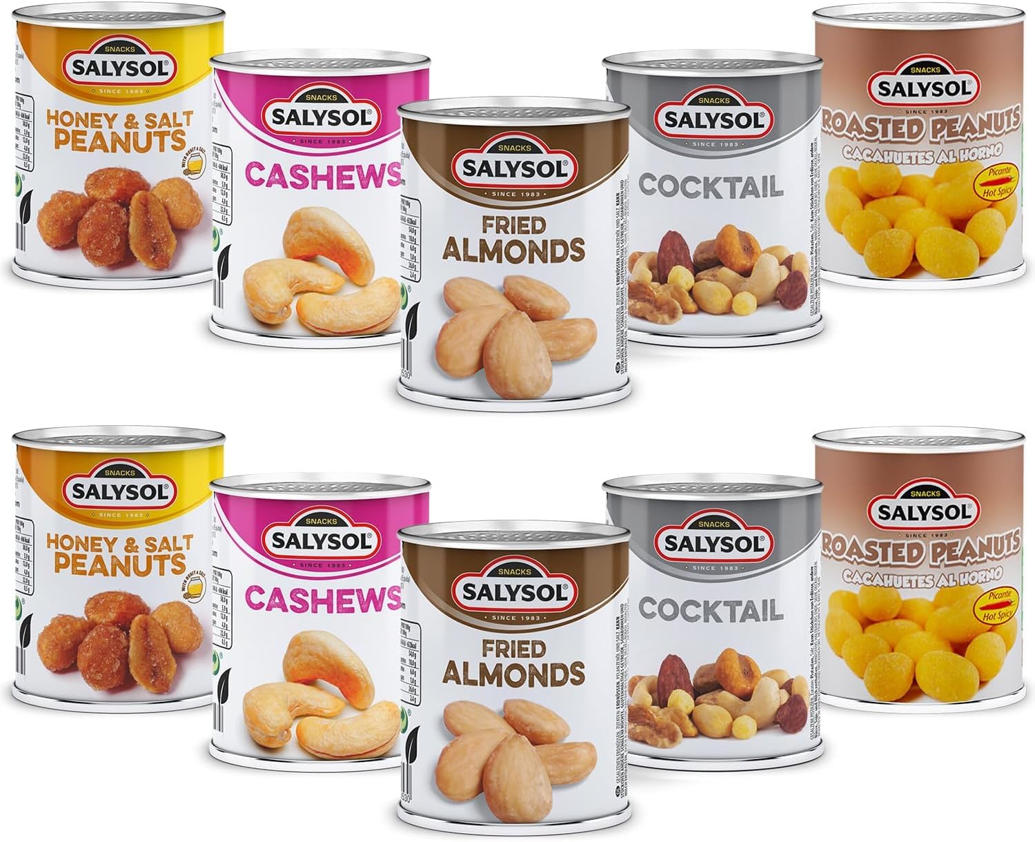 SALYSOL Snacks Nuts Bundle Variety 10-Pack 50g - 2 Cans Each of Fried Almonds, Cashews, Roasted Peanuts, Spicy Cocktail, Honey & Salt Peanuts. Sealed for Optimal Freshness for Unique Taste Sensation