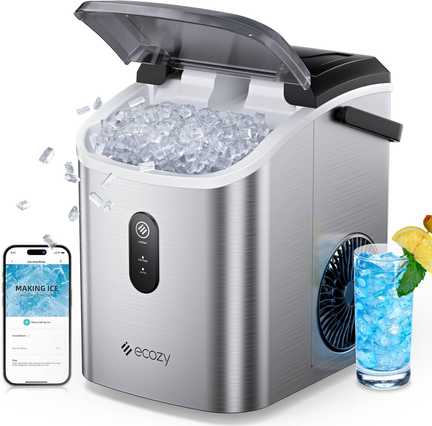 ecozy Nugget Ice Maker Countertop, Smart Portable Crushed Ice Maker with Voice Control, Pellet Chewable Ice 33lbs/24H, Self-Cleaning, with APP WiFi, Timer Function, TDS, for Home/Travel/Office/Party