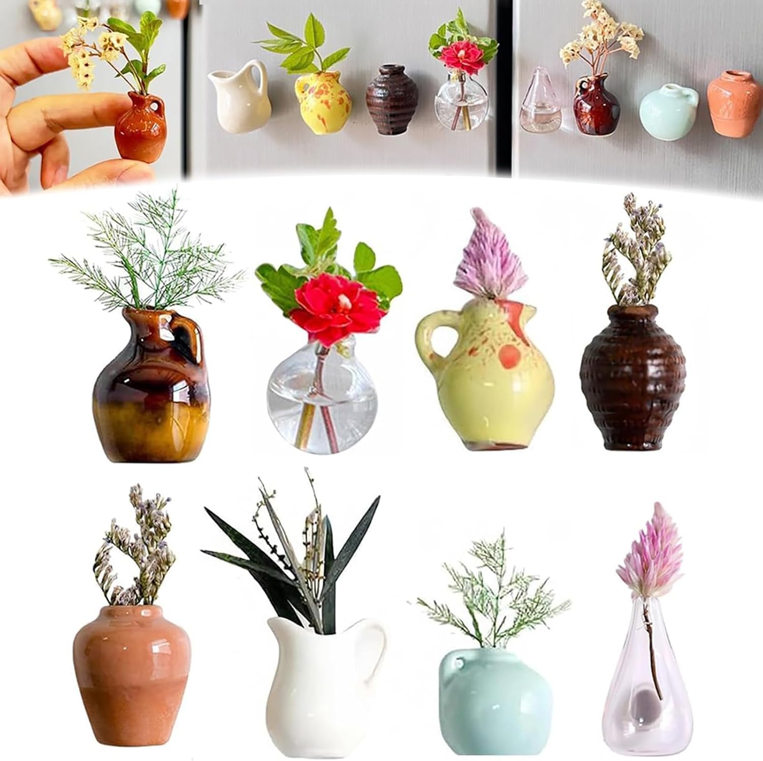 8pcs Mini Ceramic Vase Magnets for Fridge, Cute Mini Vase Fridge Magnets, 3D Ceramic Tiny Bud Vases, Funny Magnetic Flower Vases Magnets for Refrigerator Kitchen Locker Office Decor, No Flower(8pcs)