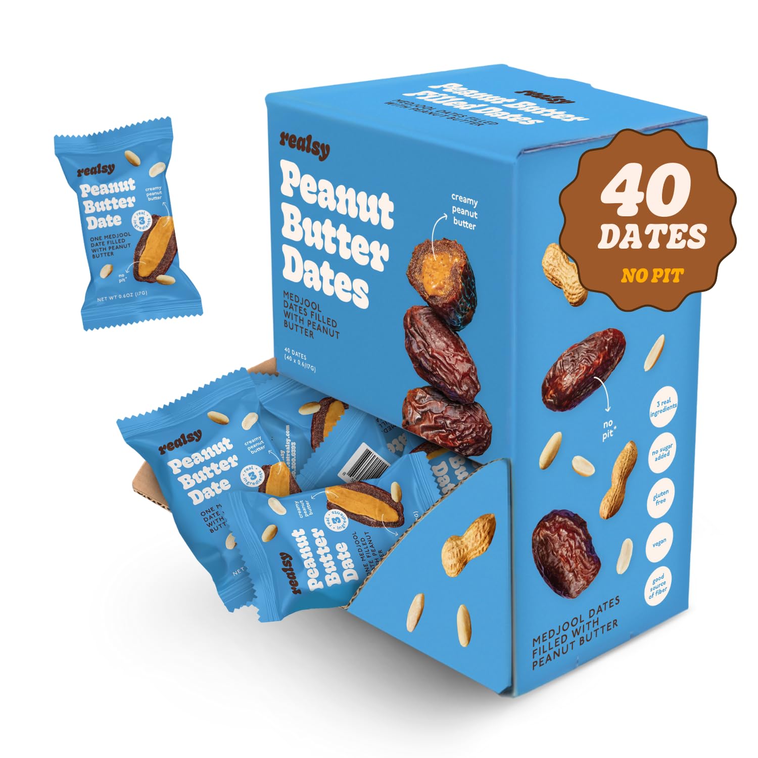 Realsy Filled Medjool Dates, Organic Dates with No Sugar Added, Gluten-Free, Vegan, All Natural Healthy Snack, Single Wrapped (40 ct) (Peanut Butter)