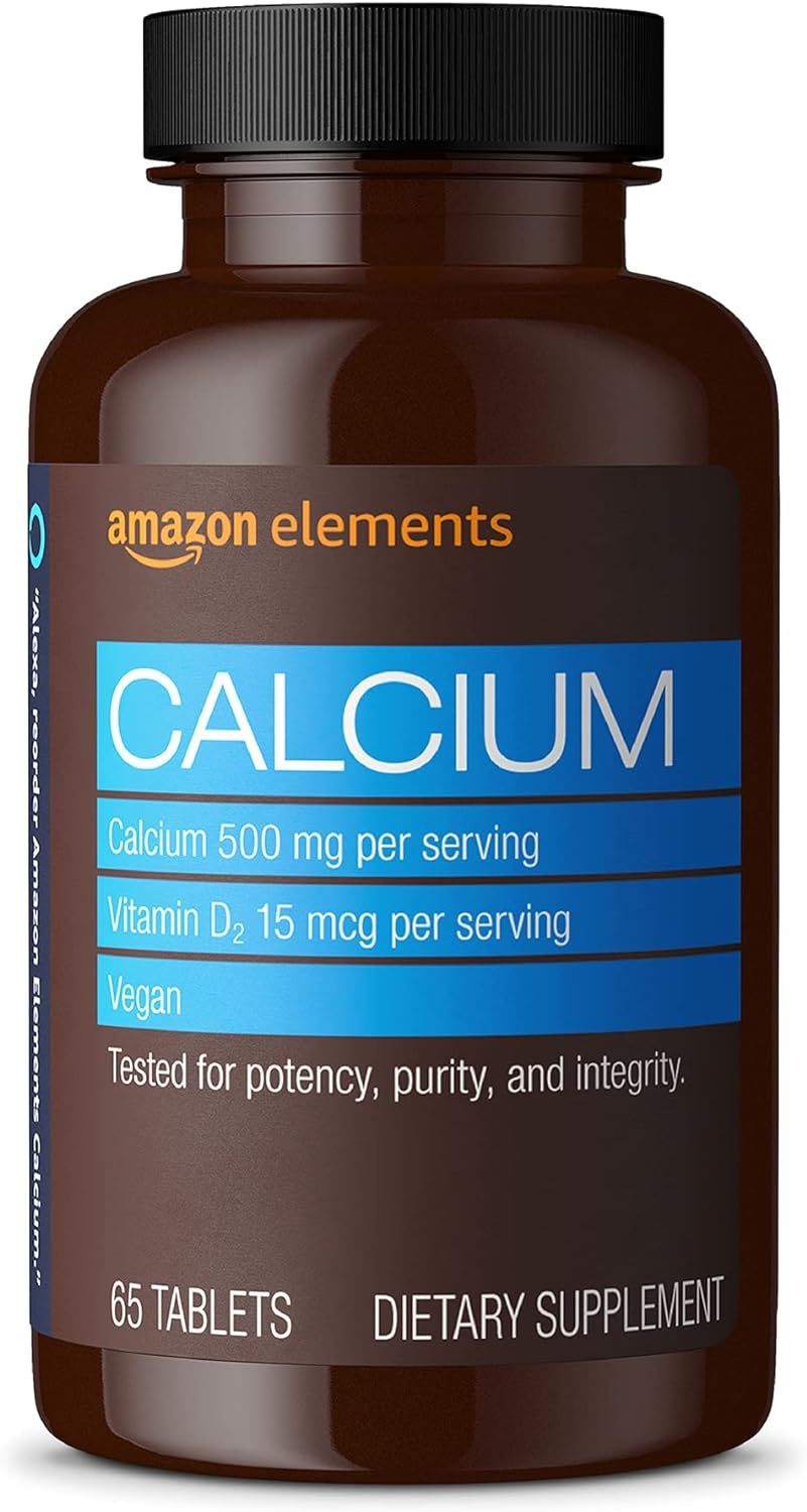 Amazon Elements Calcium plus Vitamin D, Calcium 500mg with D2 600IU, Vegan, 65 Tablets (2 month supply) (Packaging may vary), Supports Strong Bones and Immune Health