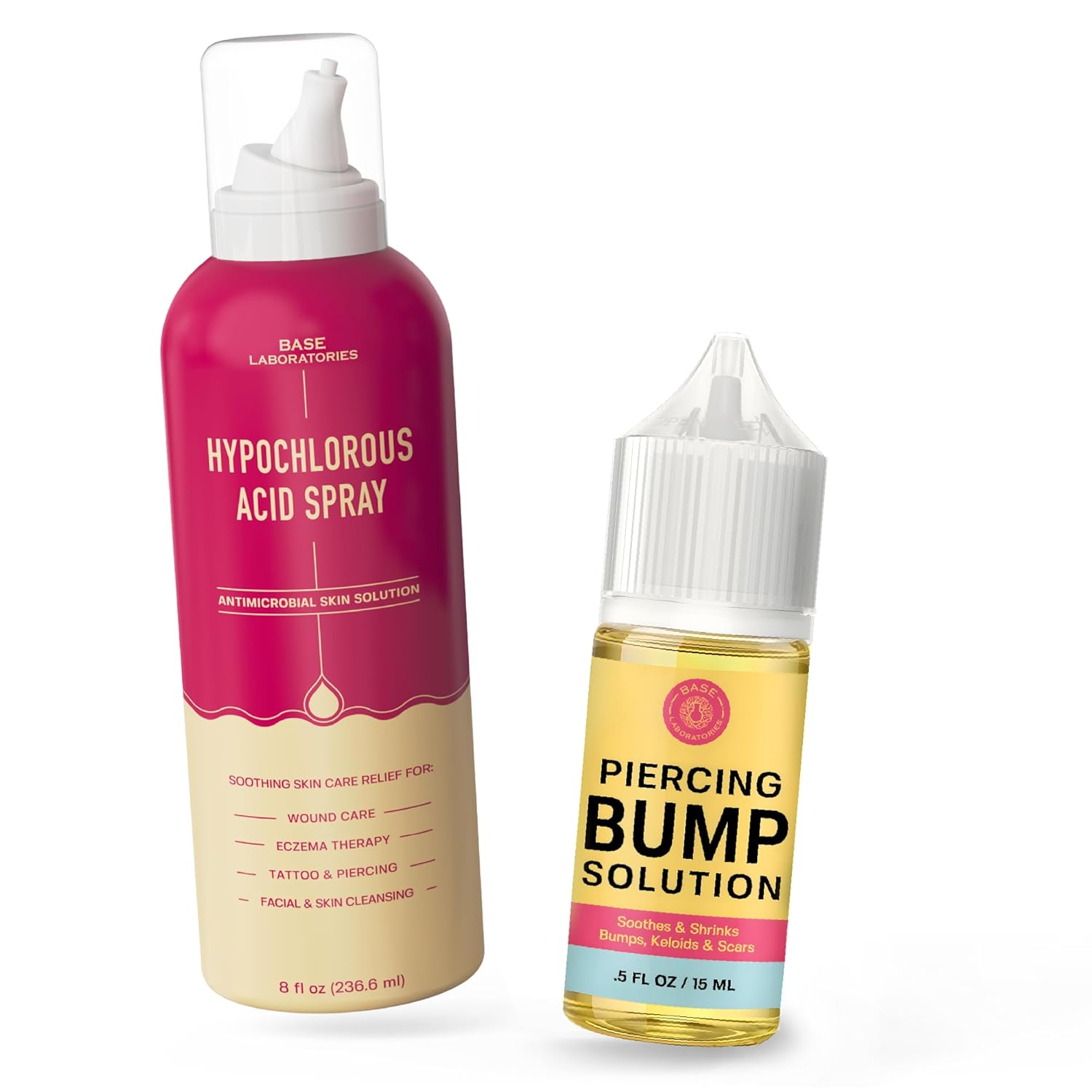 Base Labs Piercing Bump Aftercare Kit - Piercing Bump Solution - Keloid Bump Removal Oil (.5 oz) Plus Hypochlorous Acid Spray for Piercing Aftercare (8oz) - Piercing Bump & Keloid Treatment Duo