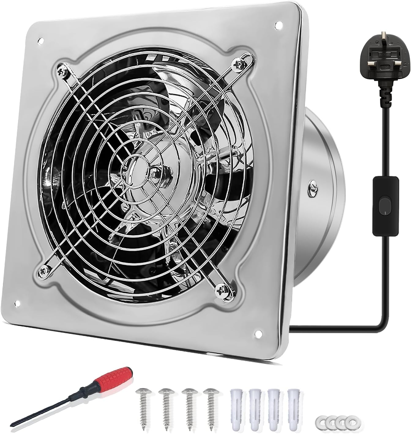 FanGoFast 150mm Kitchen Exhaust Fan 525m³/h Metal Bathroom Fan with UK Plug Low Noise Stainless Steel Ventilation Fan for Warehouse Home Bathroom Garage (Silver, 150mm)