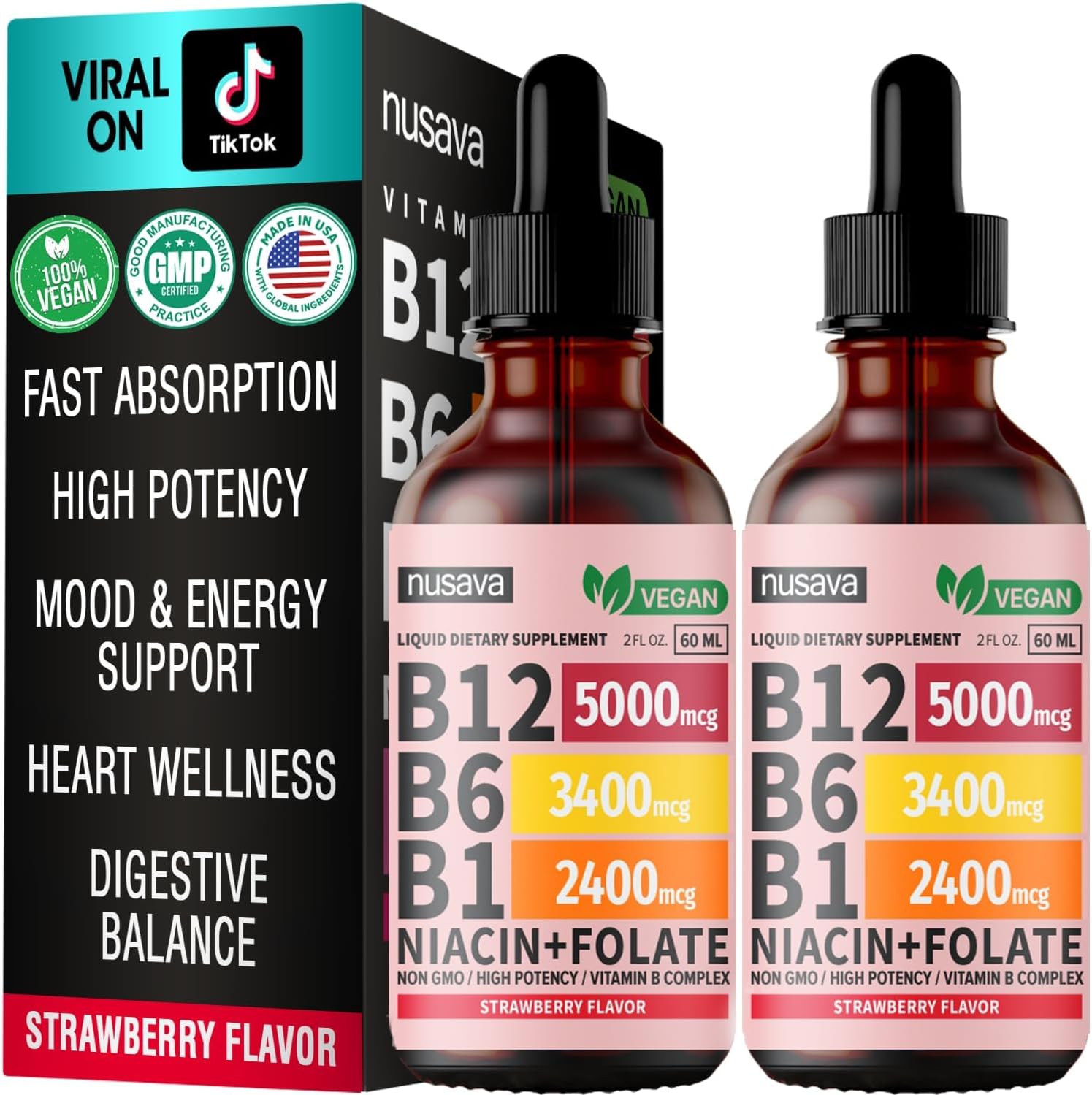 (2 Pack) Vitamin B12 and B6 Liquid Drops, B12 Sublingual Vitamin B Complex - B 12 Vitamin 5000mcg - B12 Methylcobalamin for Energy, Brain, and Heart Support with 27,200 mcg, Strawberry, 80 Servings