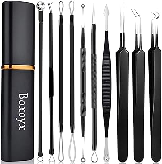Pimple Popper Tool Kit - Boxoyx 10 Pcs Blackhead Remover Comedone Extractor Kit with Box for Quick and Easy Removal of Pimples, Blackheads, Zit Removing, Forehead,Facial and Nose (Black)