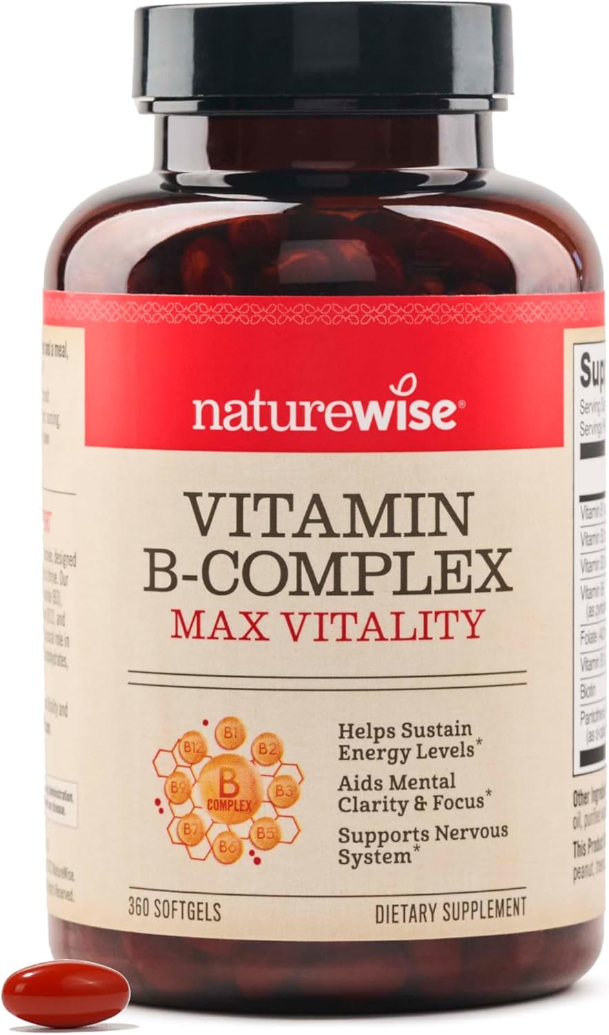 NatureWise Vitamin B Complex for Women and Men - with Folic Acid Biotin B1 B2 B3 B6 B12 - Support Cellular Energy & Mental Clarity - Gluten & Dairy Free, Non-GMO - 360 Softgels[1-Year Supply]