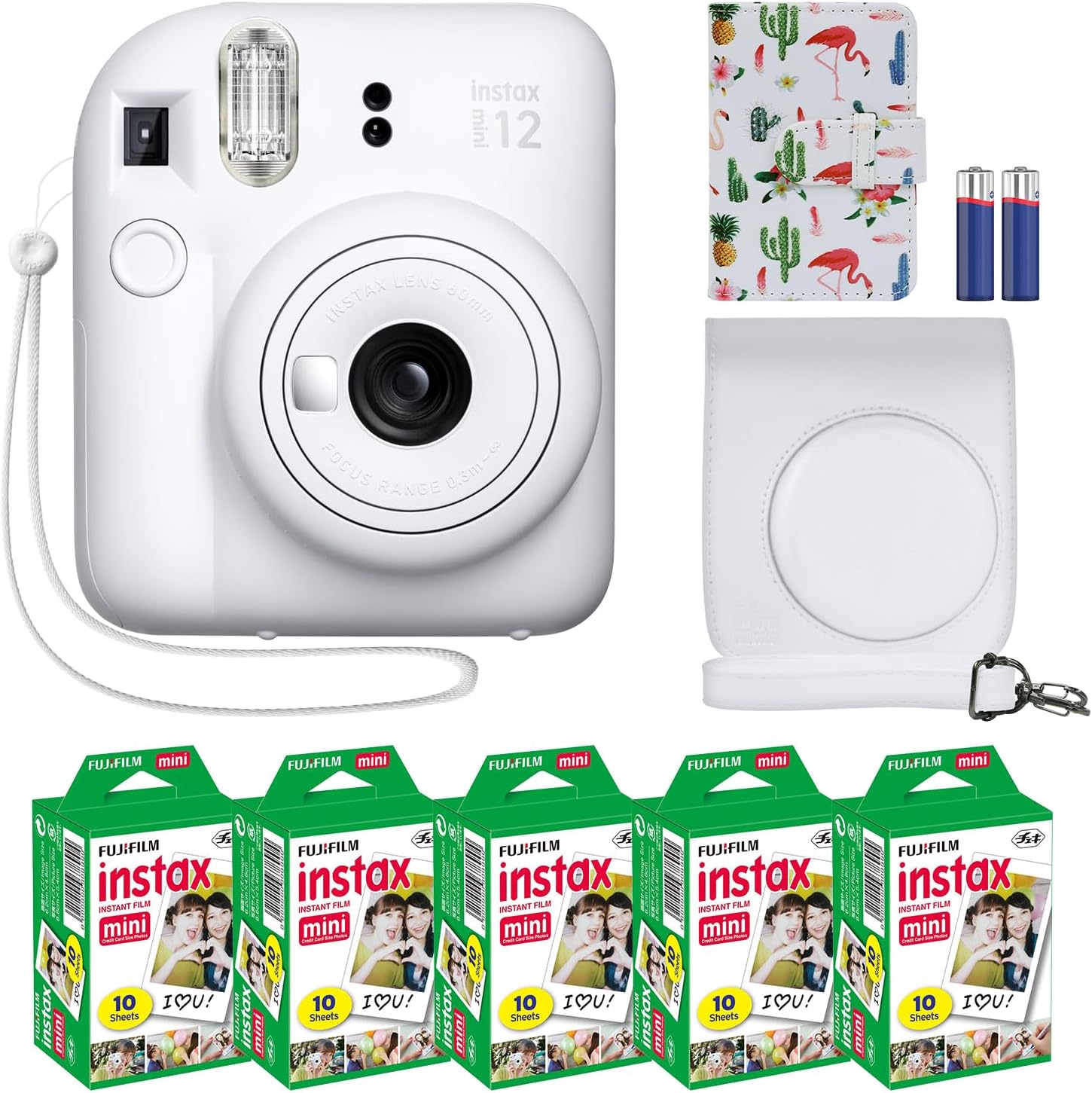 Fujifilm Instax Mini 12 Instant Camera + MiniMate Accessory Bundle & Compatible Custom Case + Fuji Instax Film Value Pack (50 Sheets) Flamingo Designer Photo Album (Ice White)