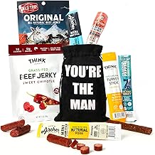 Jerky Gift Bag - Exotic Jerky Variety Pack in Fun You're the Man Bag - Gifts for Men Who Wants Nothing, Assortment of High Protein Beef Jerky Snack Packs - Ideal Gift for Dad, Son or Wife