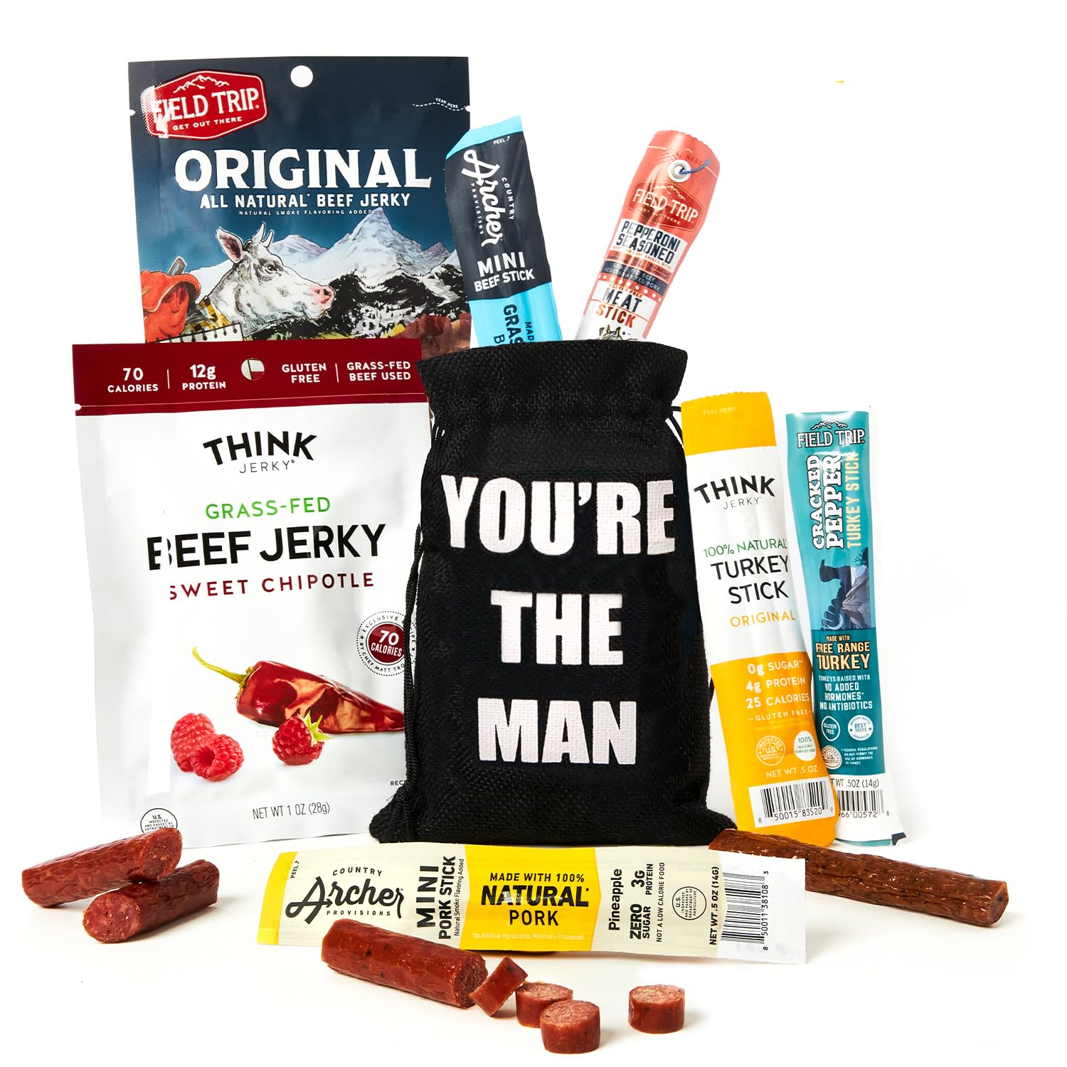 Jerky Gift Bag - Exotic Jerky Variety Pack in Fun You're the Man Bag - Gifts for Men Who Wants Nothing, Assortment of High Protein Beef Jerky Snack Packs - Ideal Gift for Dad, Son or Wife