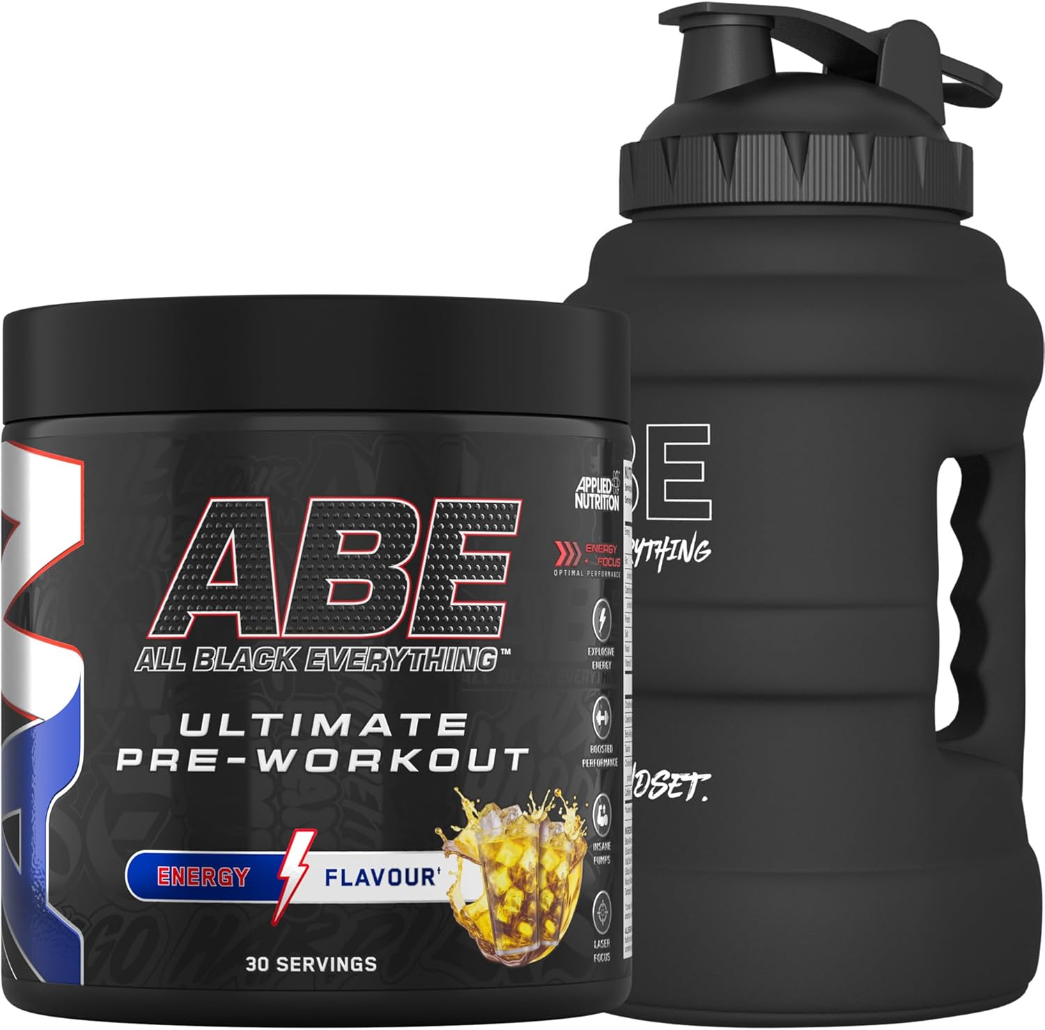 Applied Nutrition Bundle ABE Pre Workout 375g + JUG 2.5 LT Matt Black | All Black Everything Pre Workout Powder, Energy & Physical Performance with Creatine, Beta Alanine (Energy Flavour)