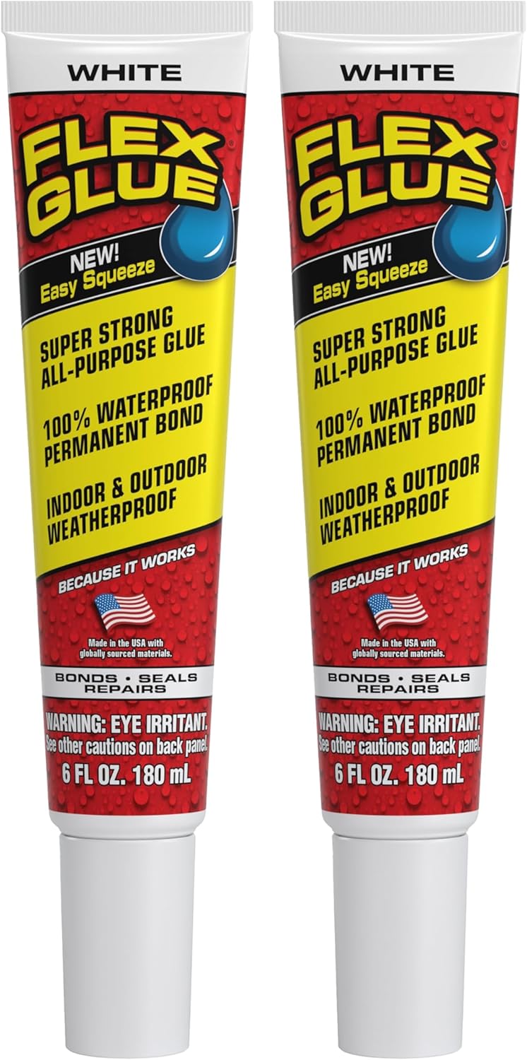 Flex Glue, Super Strong, Rubberized Waterproof Adhesive, Works Underwater, Use on Pools, Showers, Outdoors, Concrete, Brick, Pavers, UV Resistant, 6 oz Squeeze Tube, White, 2-Pack